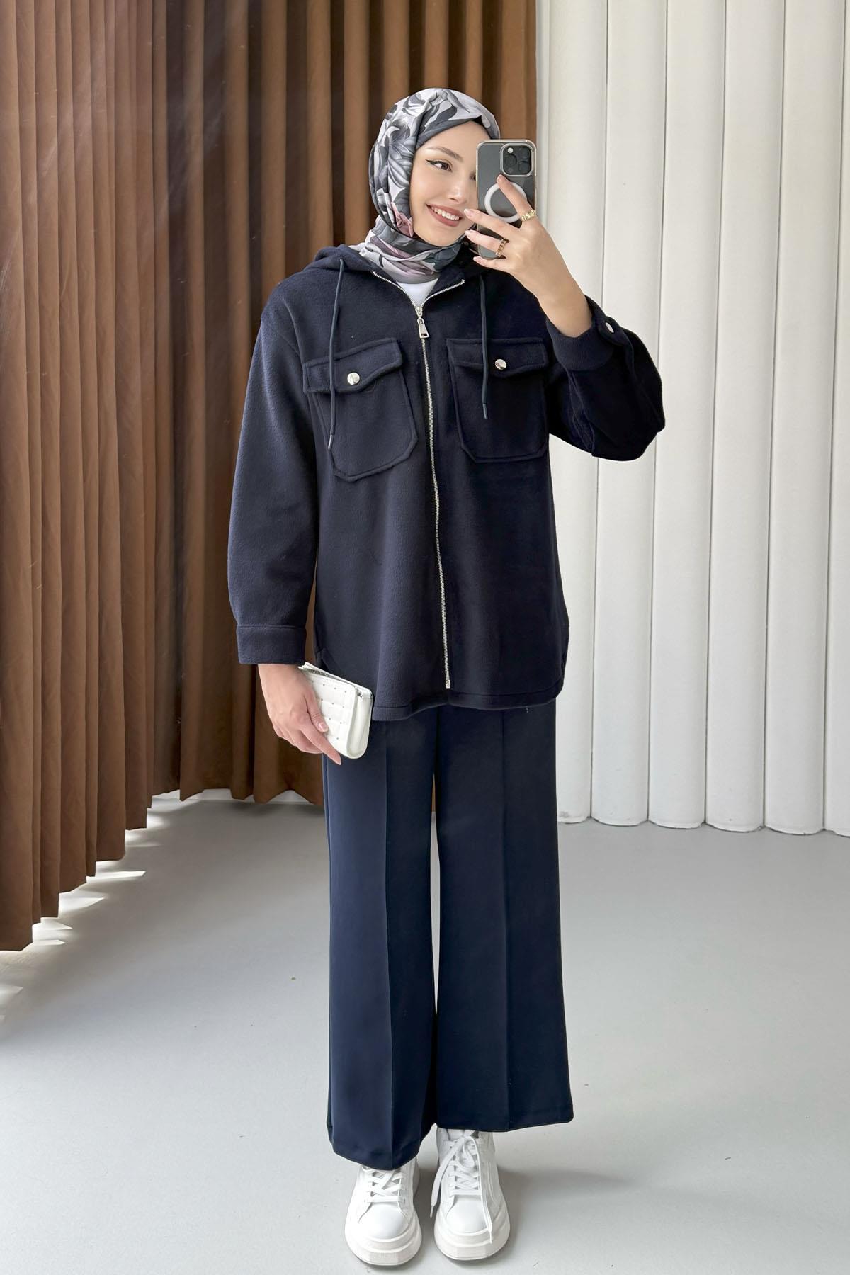 Kapüşonlu Kaşe Sweatshirt-LACİVERT