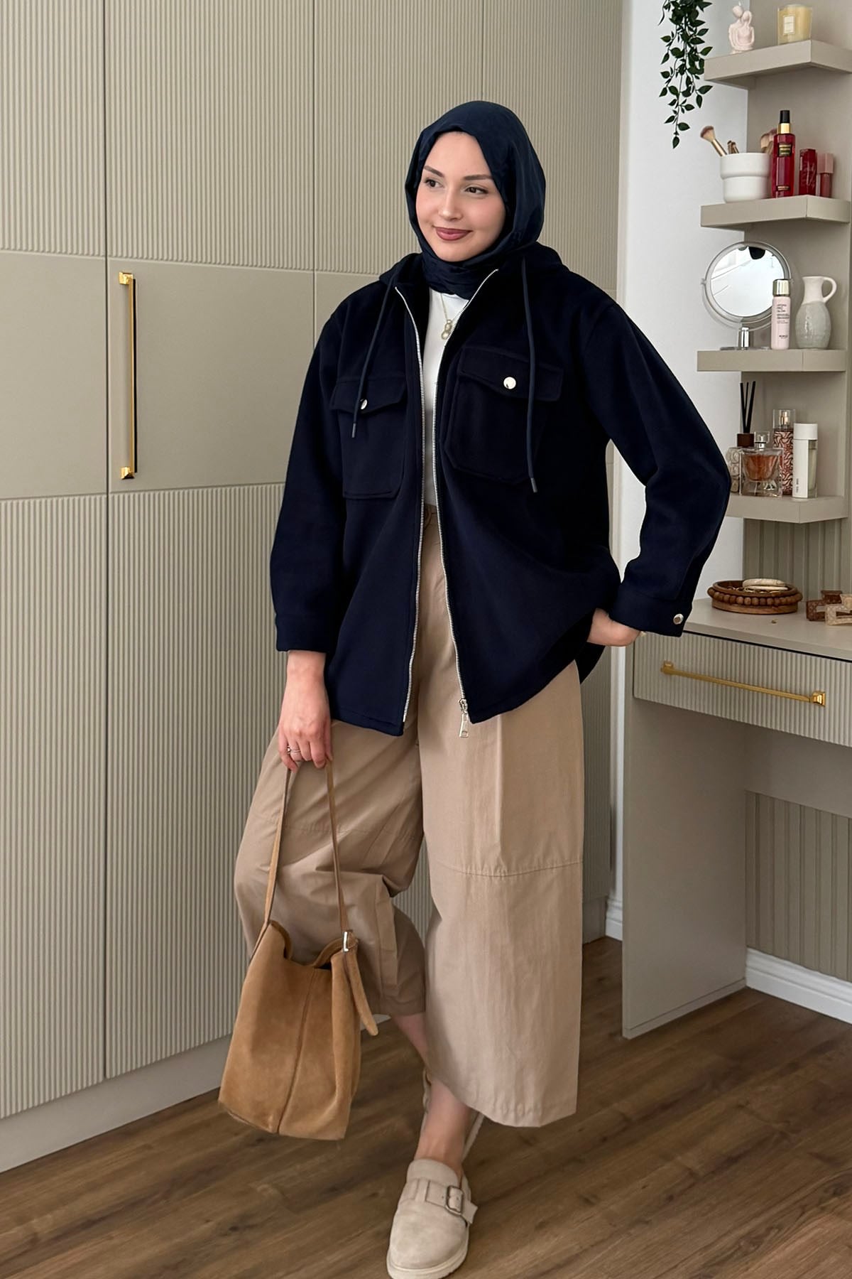 Kapüşonlu Kaşe Sweatshirt-LACİVERT