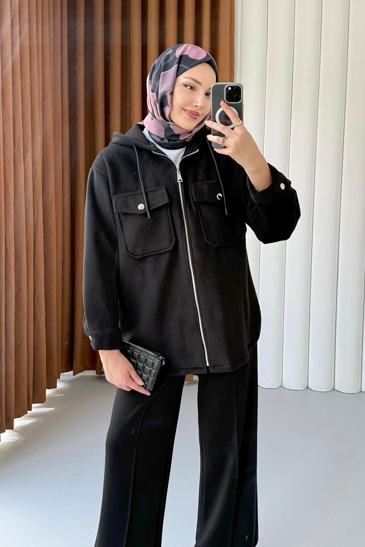 Kapüşonlu Kaşe Sweatshirt-SİYAH