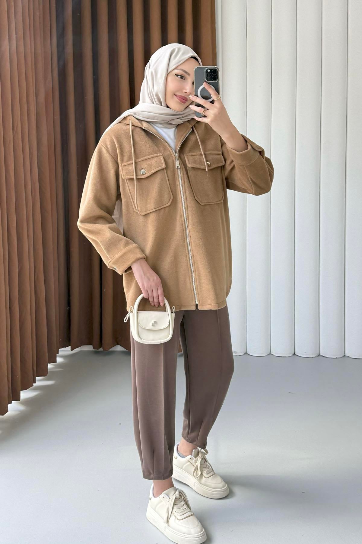 Kapüşonlu Kaşe Sweatshirt-TOPRAK