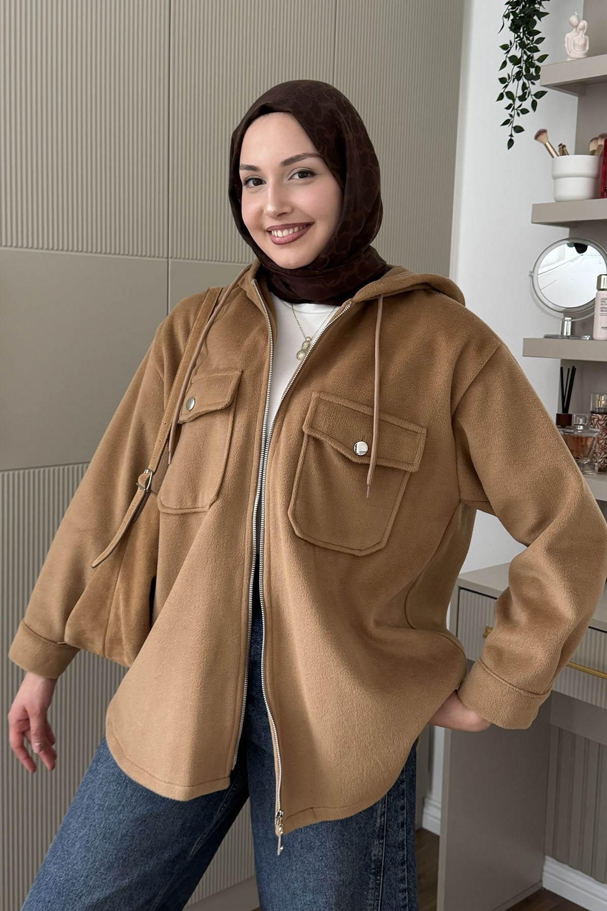 Kapüşonlu Kaşe Sweatshirt-TOPRAK