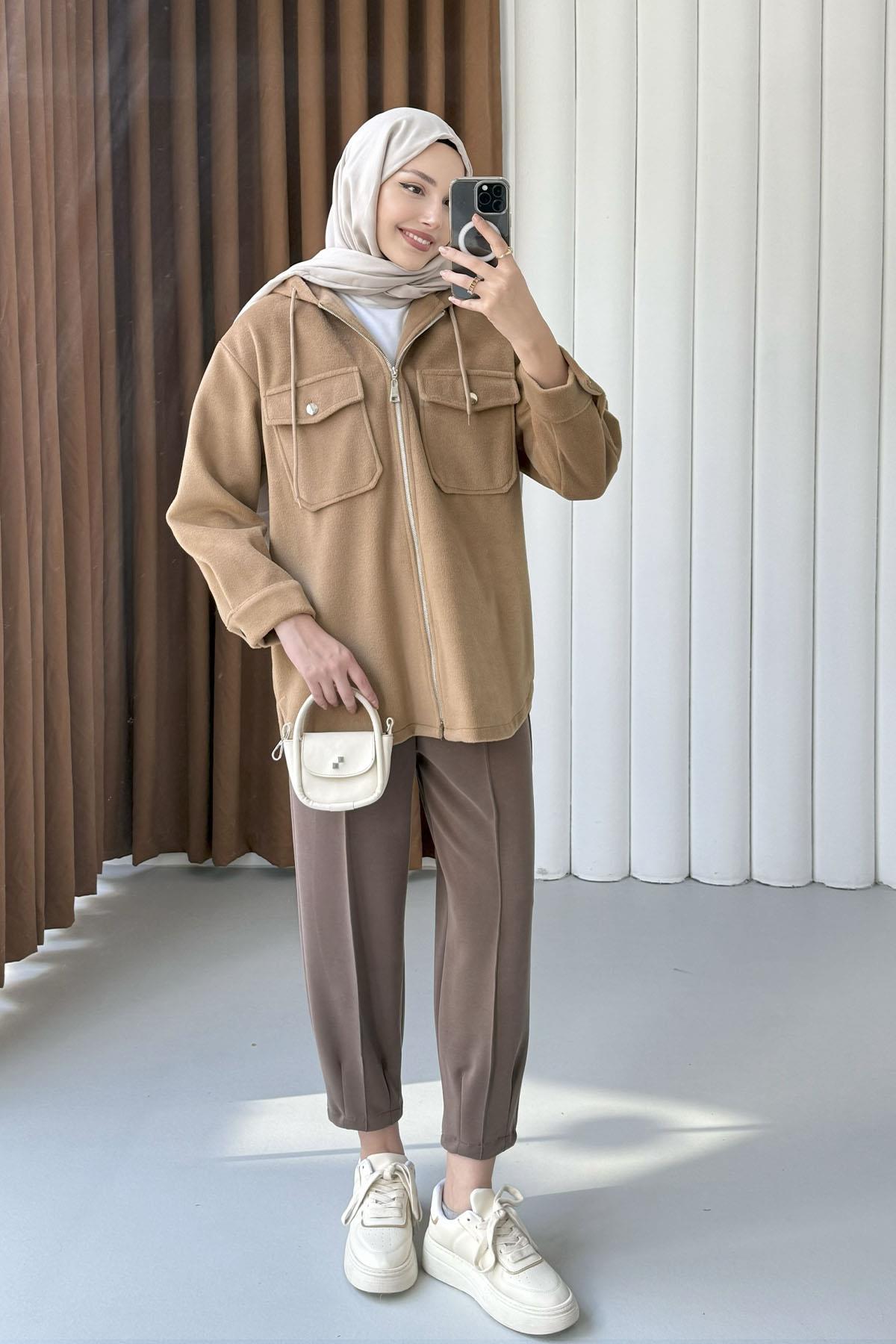 Kapüşonlu Kaşe Sweatshirt-TOPRAK