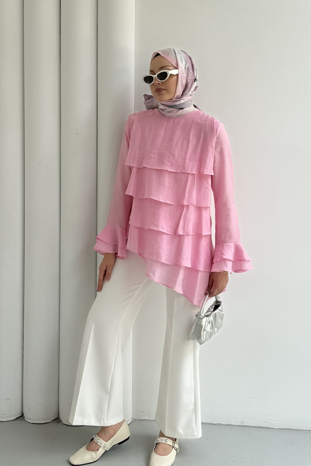 Katlı Volan Detaylı Bluz-PEMBE