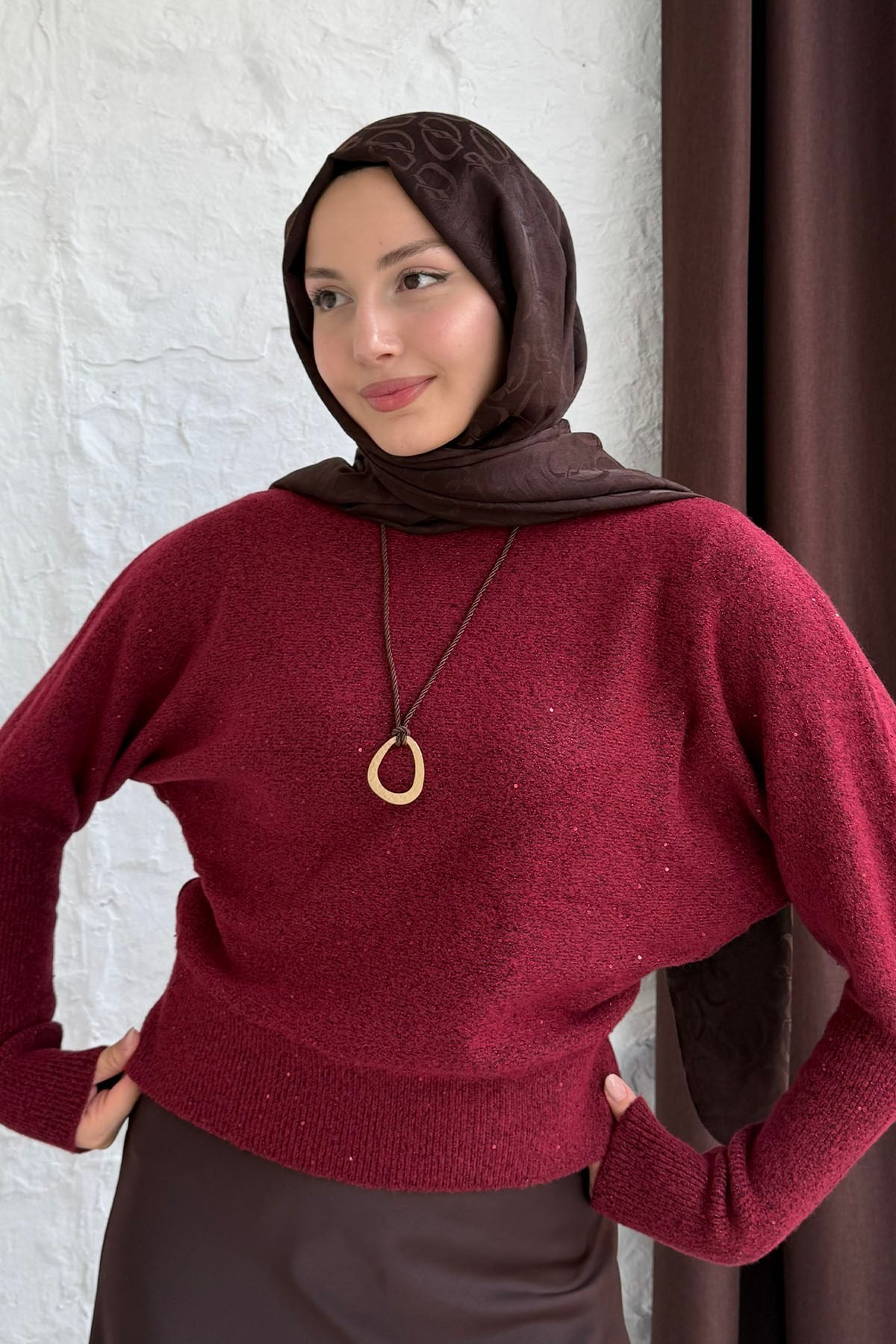 Kayık Yaka Pullu Triko Kazak-BORDO