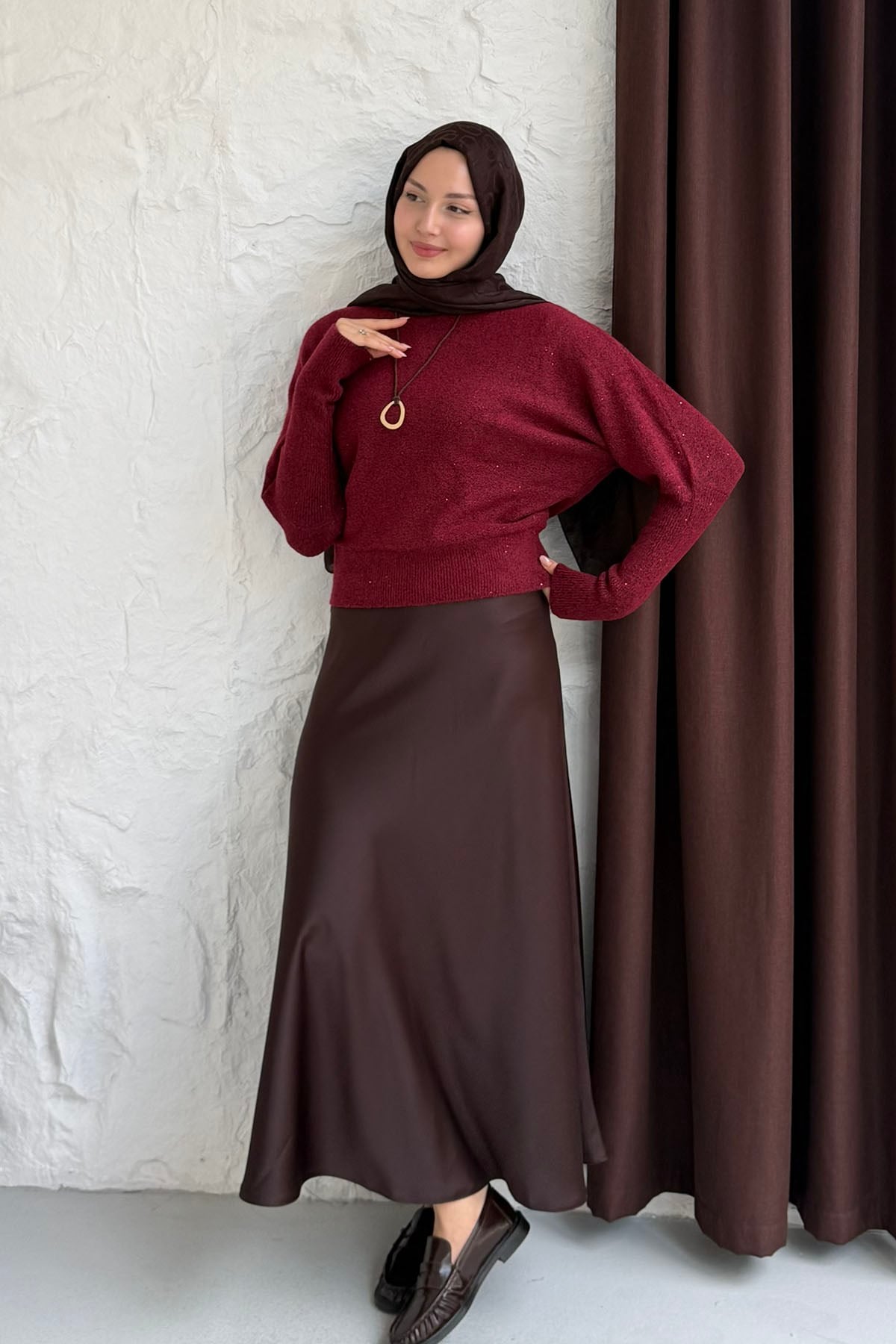 Kayık Yaka Pullu Triko Kazak-BORDO