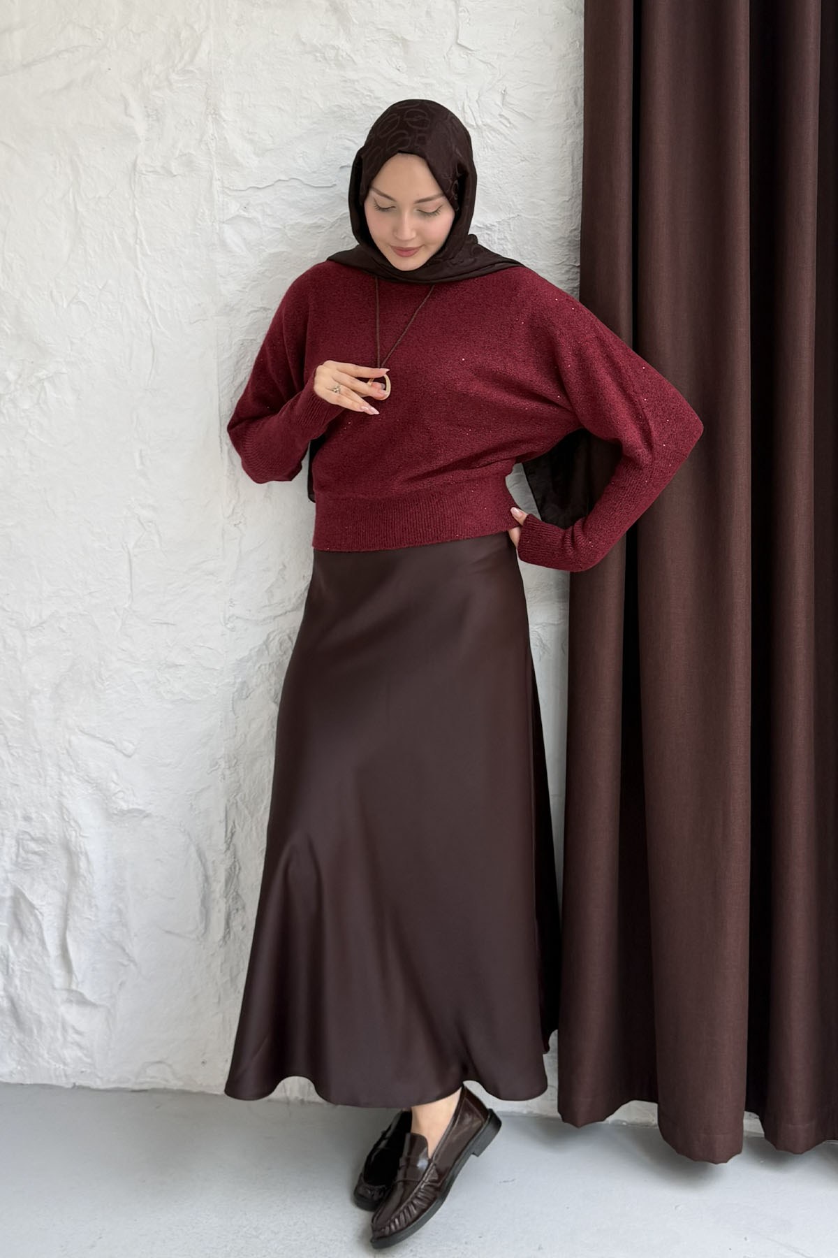 Kayık Yaka Pullu Triko Kazak-BORDO