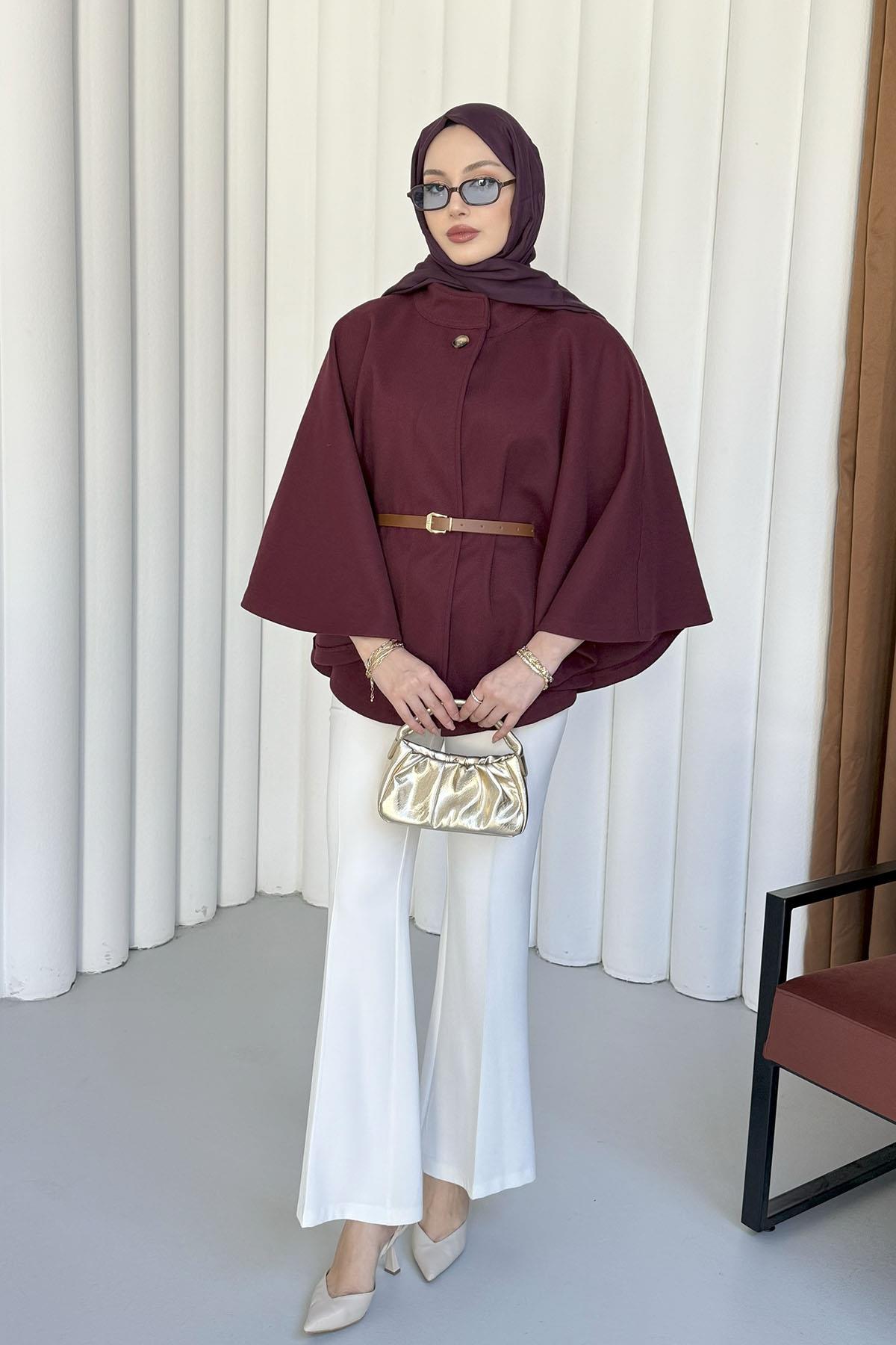 Kemer Detaylı Kaşmir Kumaş Panço-BORDO