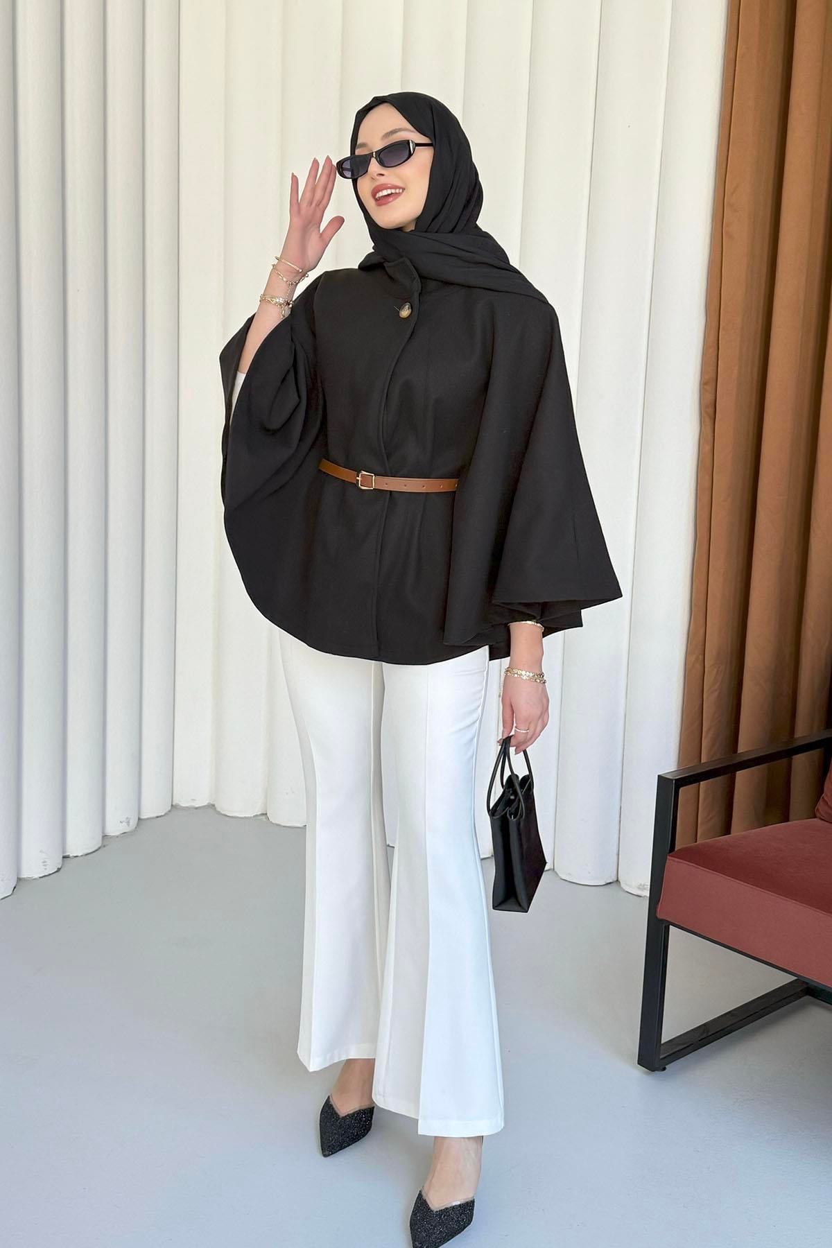 Kemer Detaylı Kaşmir Kumaş Panço-SİYAH