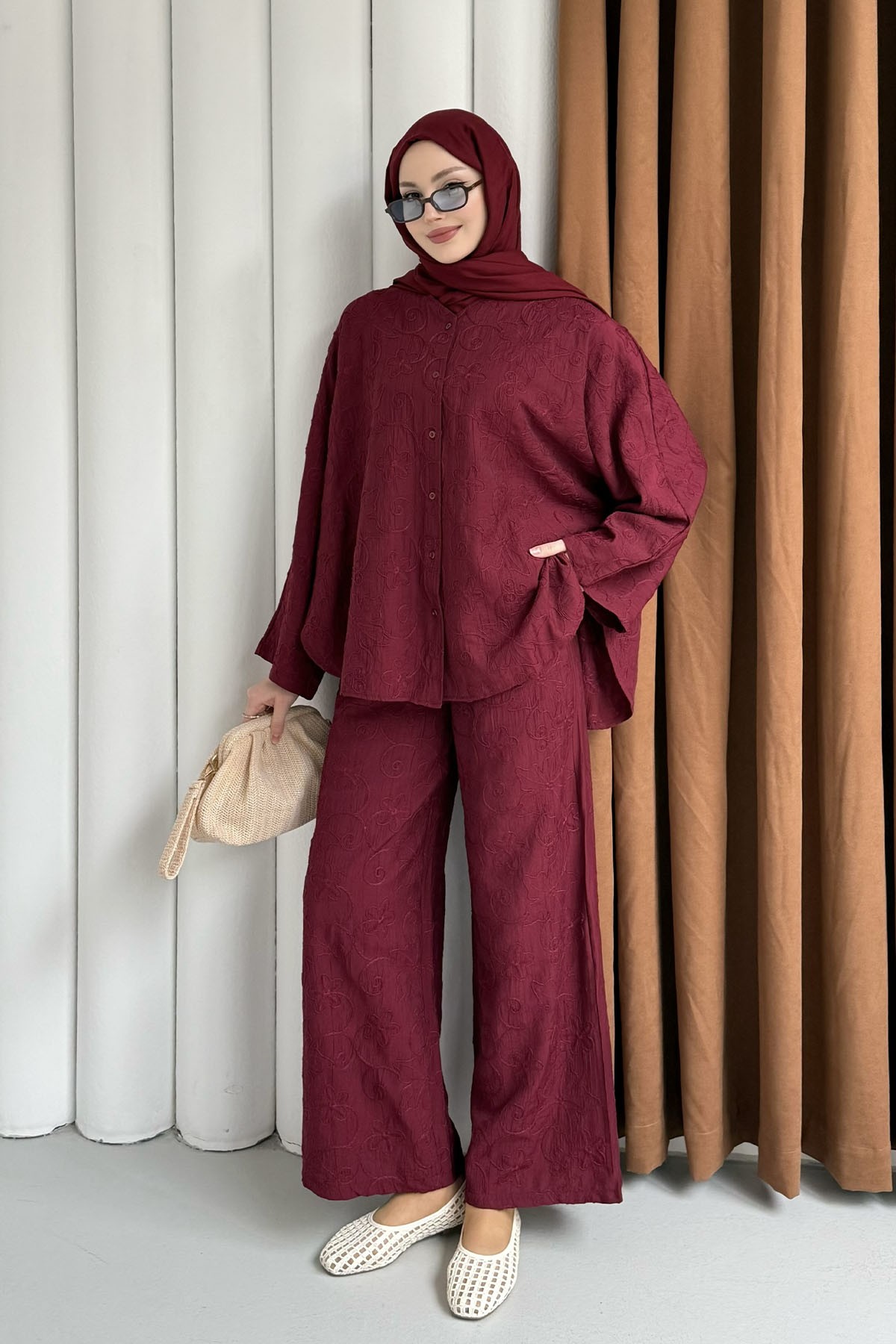 Kendinden Desenli Bel Lastikli Pantolon Tesettür Takım-BORDO