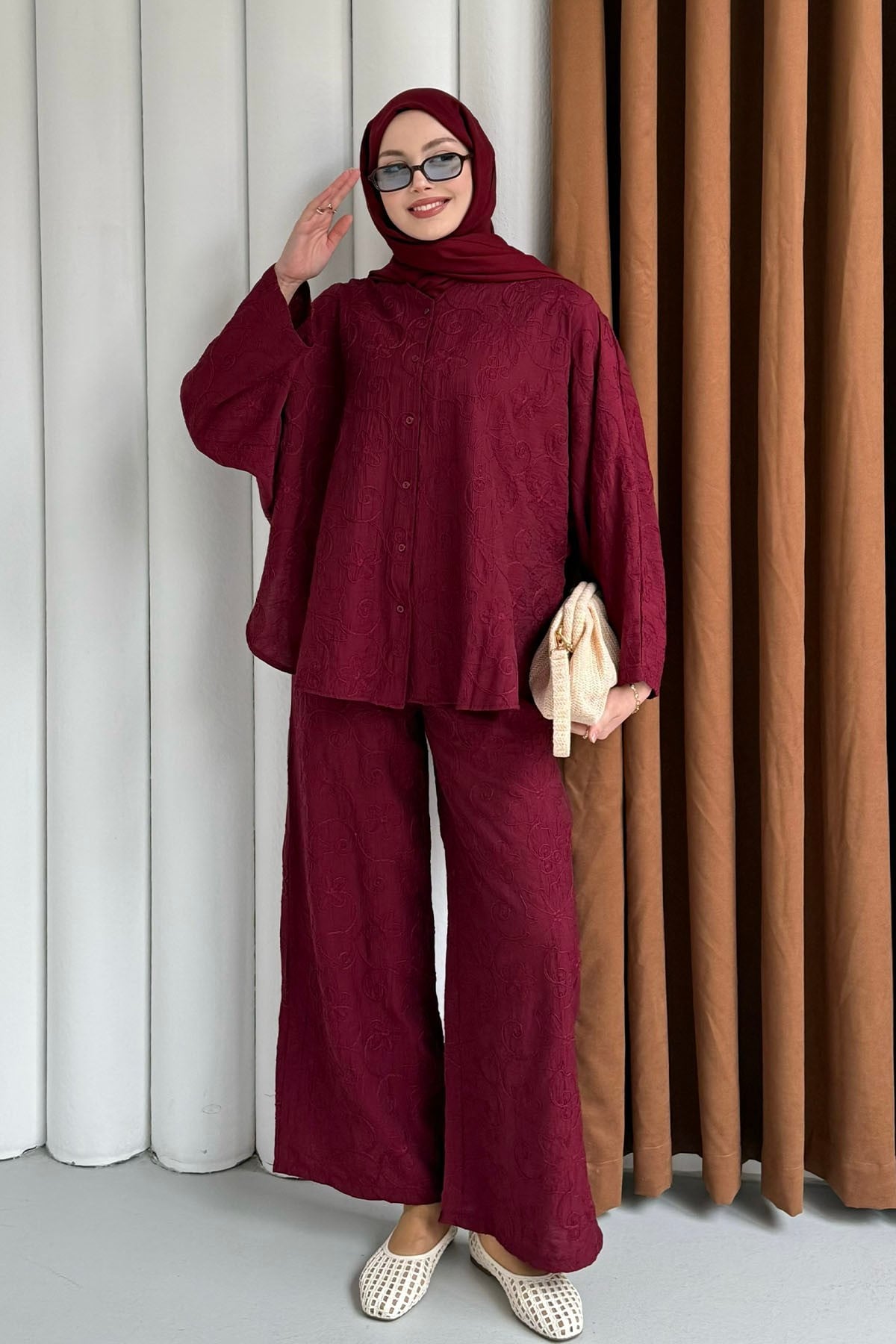 Kendinden Desenli Bel Lastikli Pantolon Tesettür Takım-BORDO