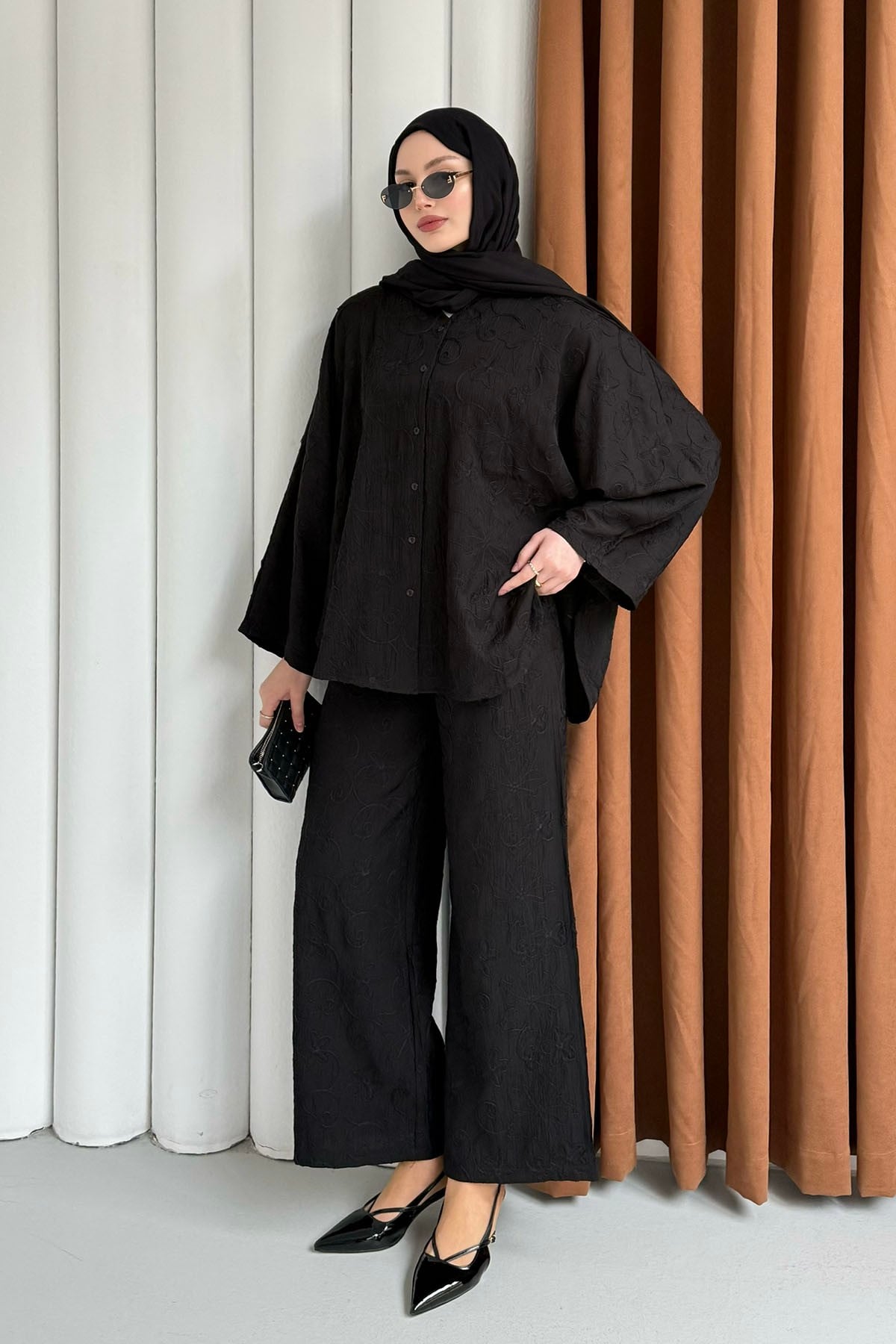 Kendinden Desenli Bel Lastikli Pantolon Tesettür Takım-SİYAH