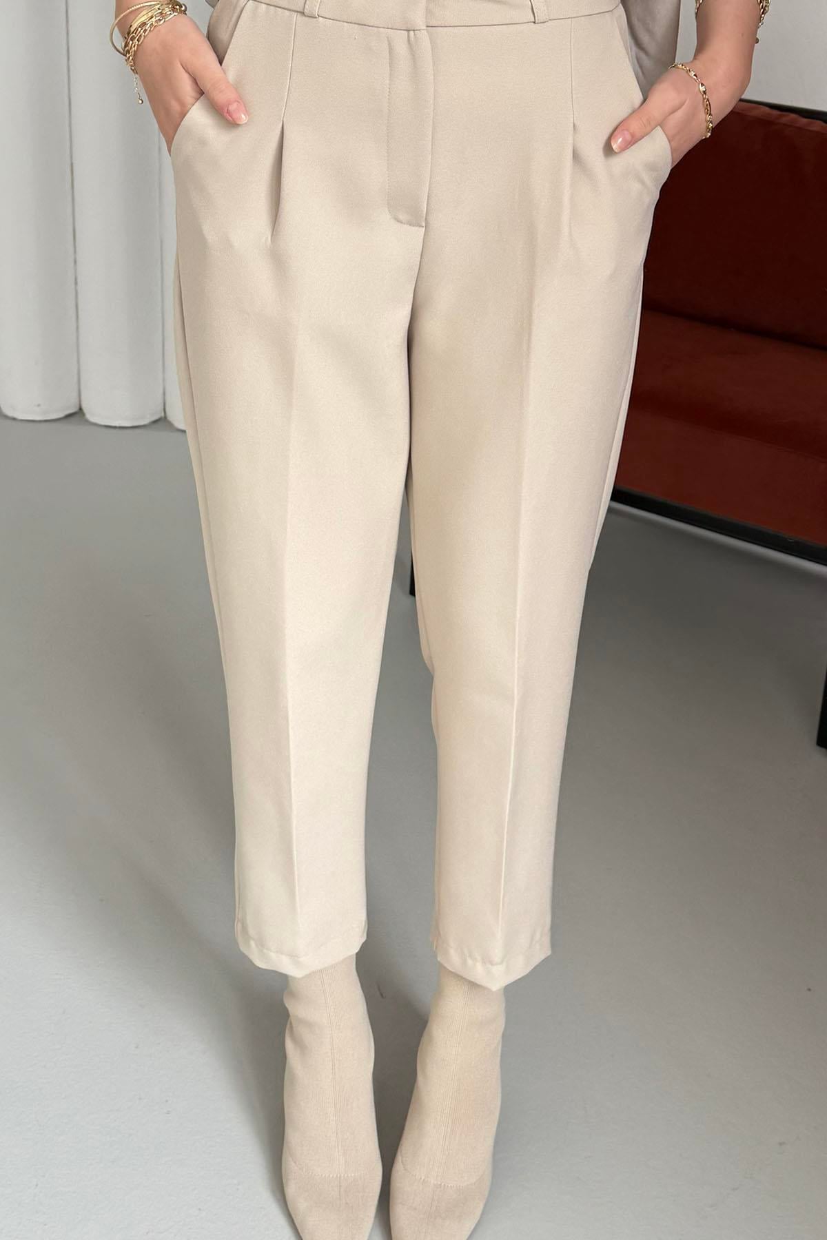 Kendinden Kemerli Kalem Pantolon-TAŞ