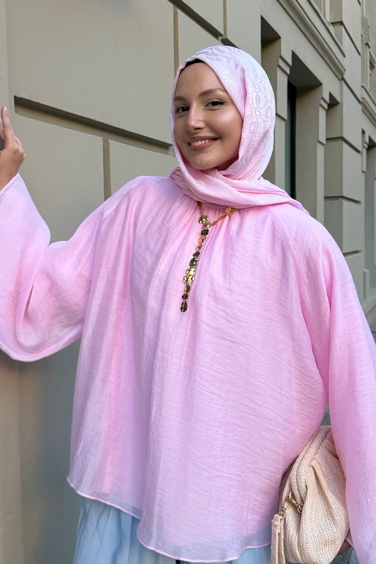 Kol Salaş Yaka Büzgülü Modal Tül Gömlek-PEMBE