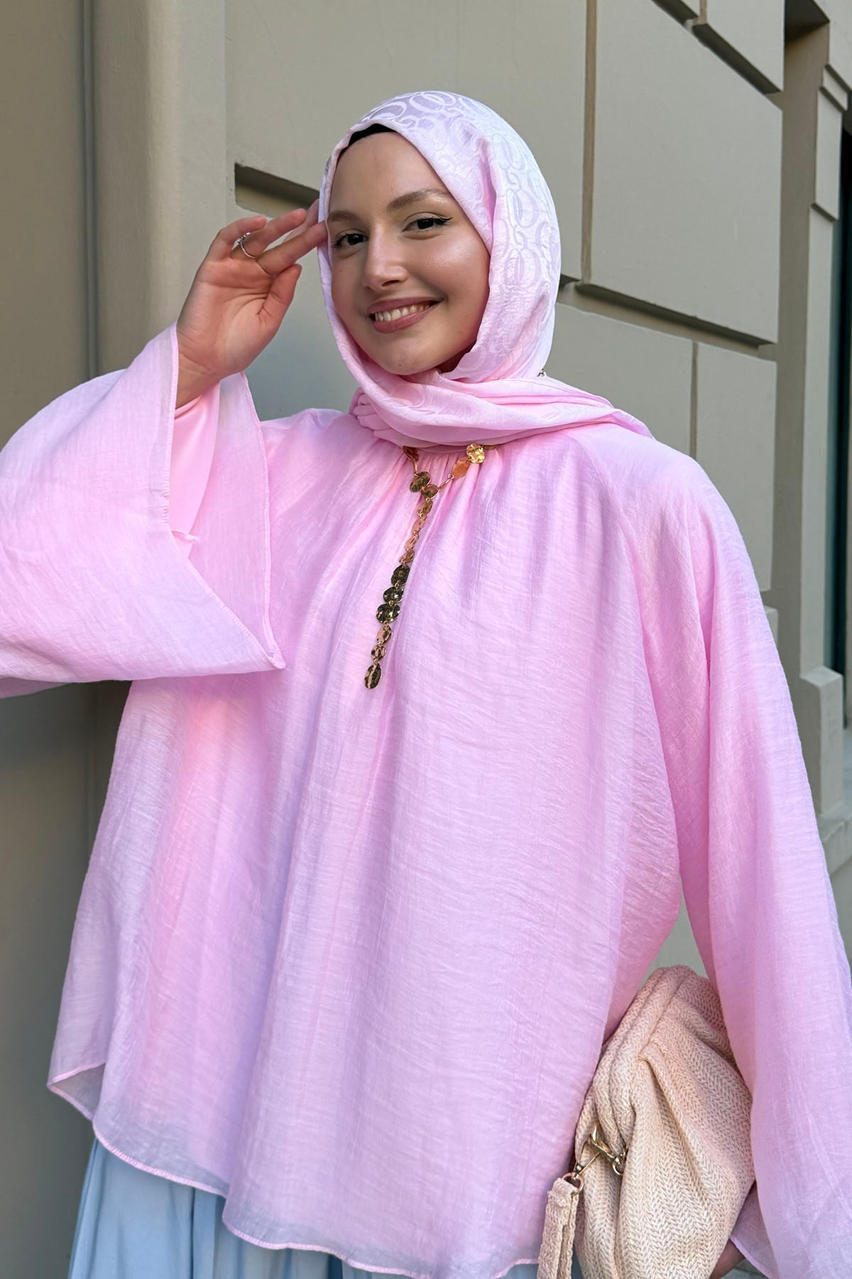 Kol Salaş Yaka Büzgülü Modal Tül Gömlek-PEMBE