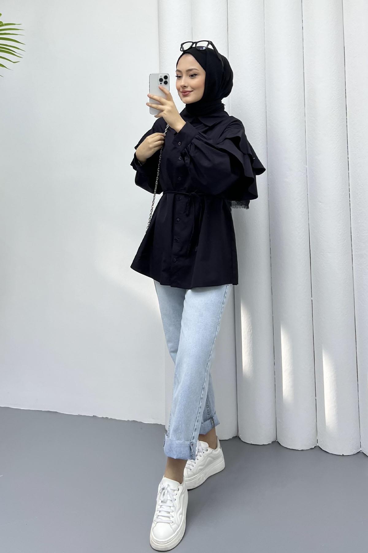 Kolları Kat Kat Detay Gömlek-SİYAH