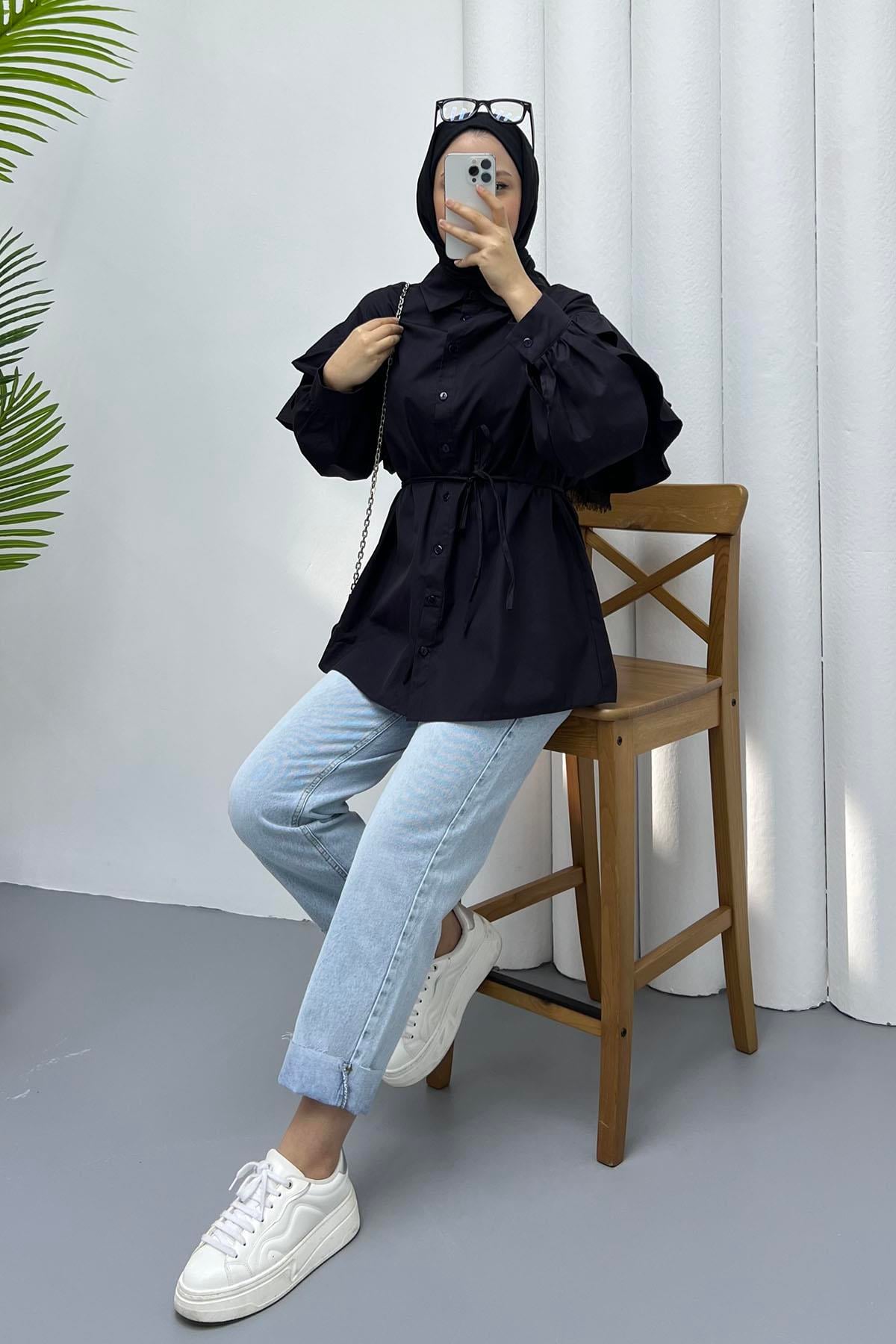 Kolları Kat Kat Detay Gömlek-SİYAH