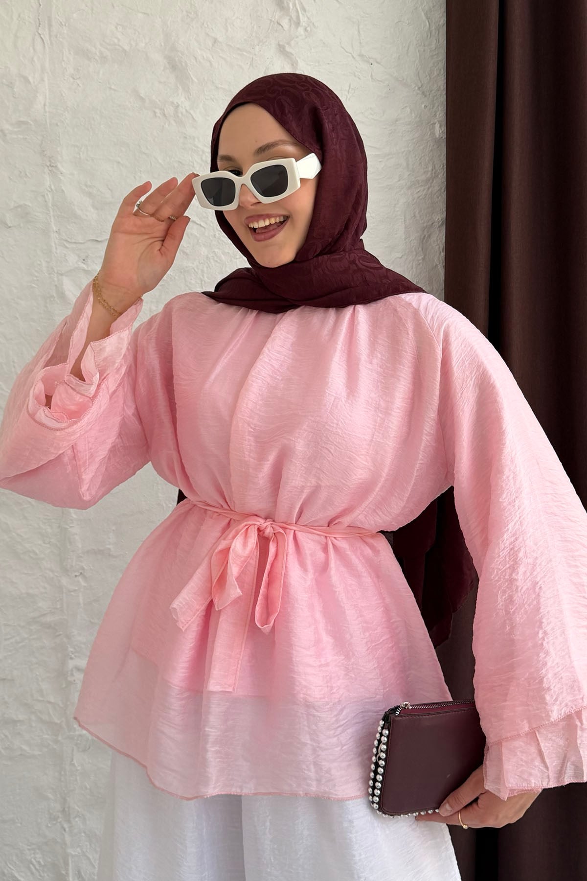 Kolları Salaş Seyyar Kuşaklı Modal Tül Gömlek-PEMBE