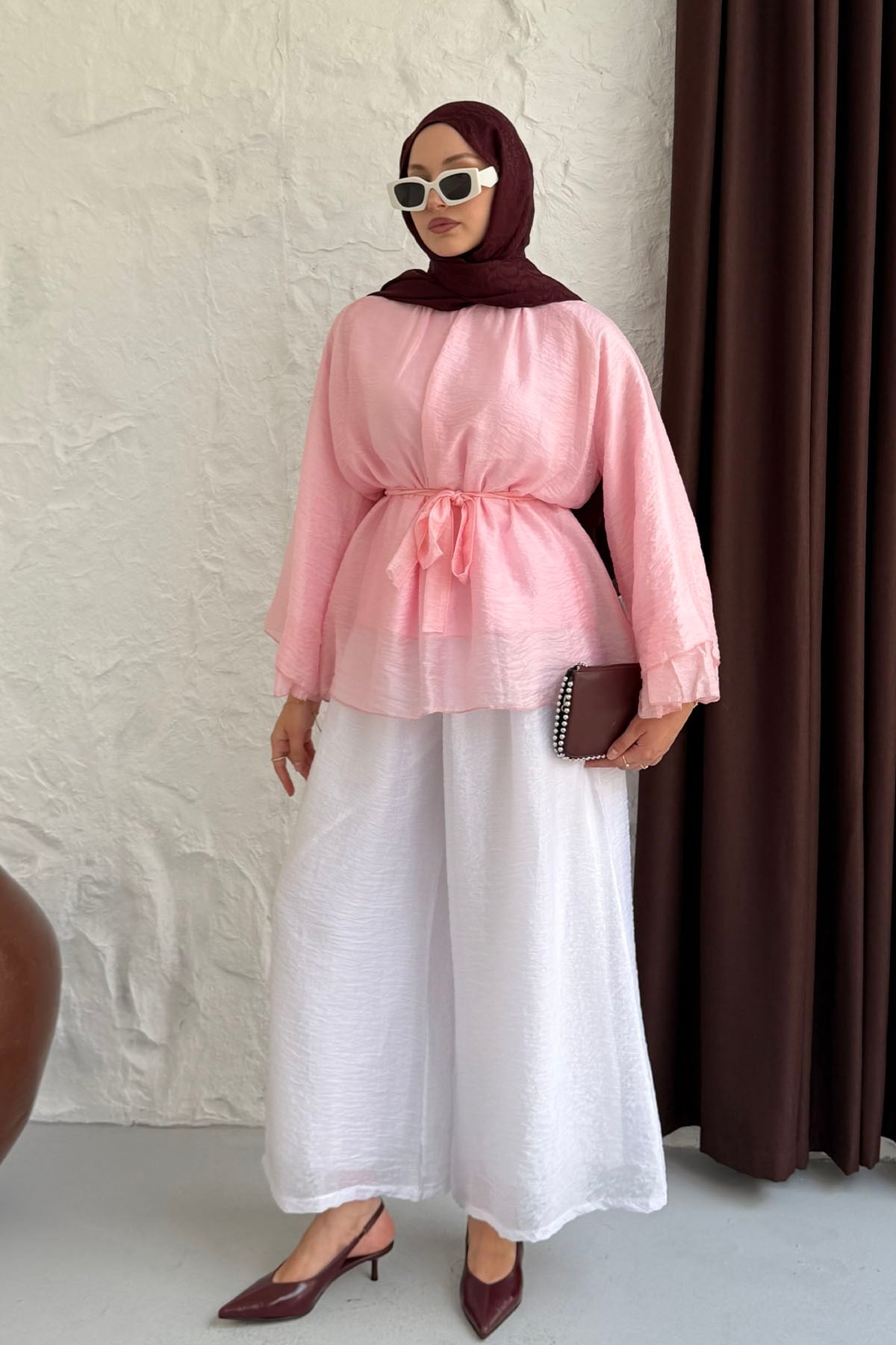 Kolları Salaş Seyyar Kuşaklı Modal Tül Gömlek-PEMBE