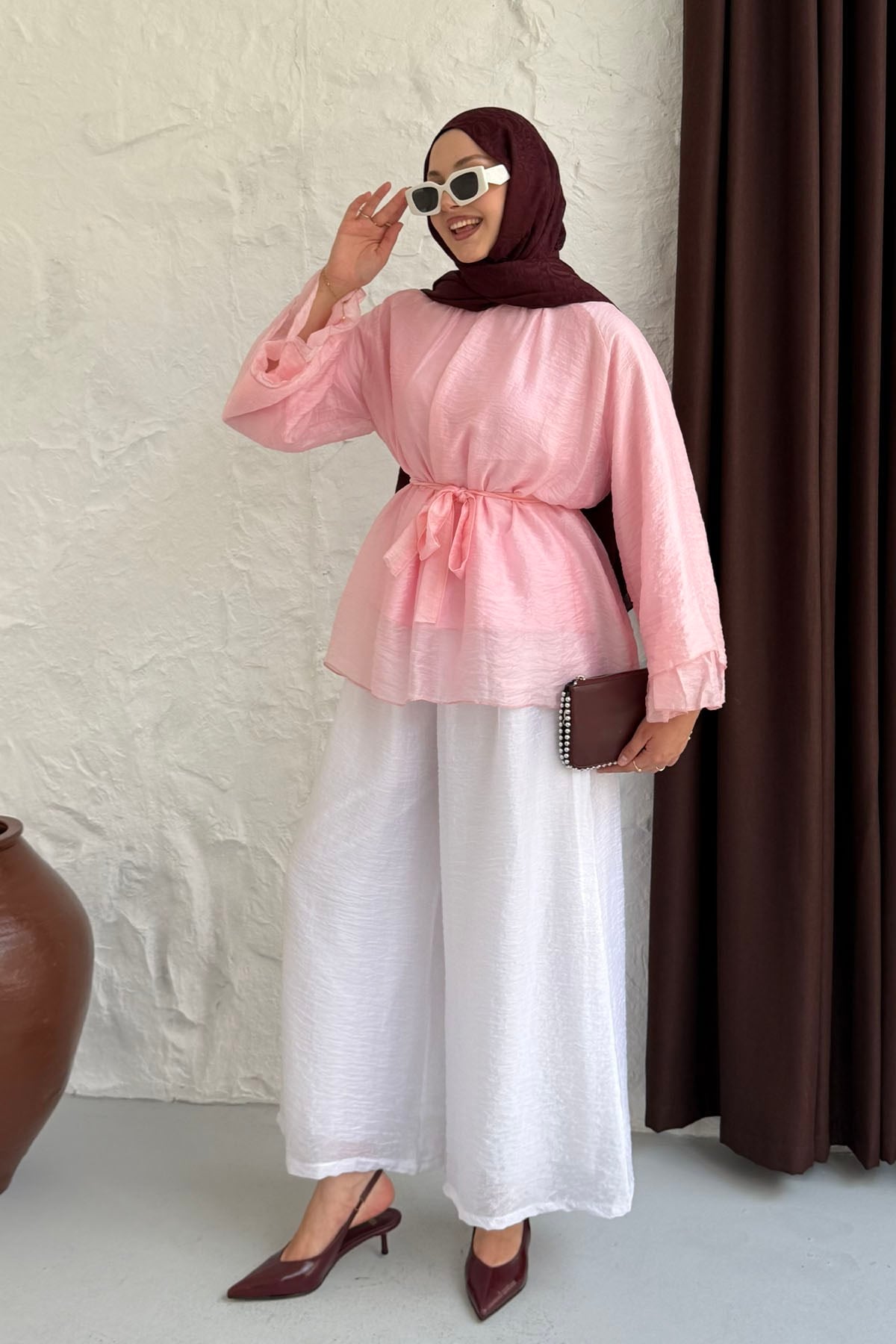 Kolları Salaş Seyyar Kuşaklı Modal Tül Gömlek-PEMBE