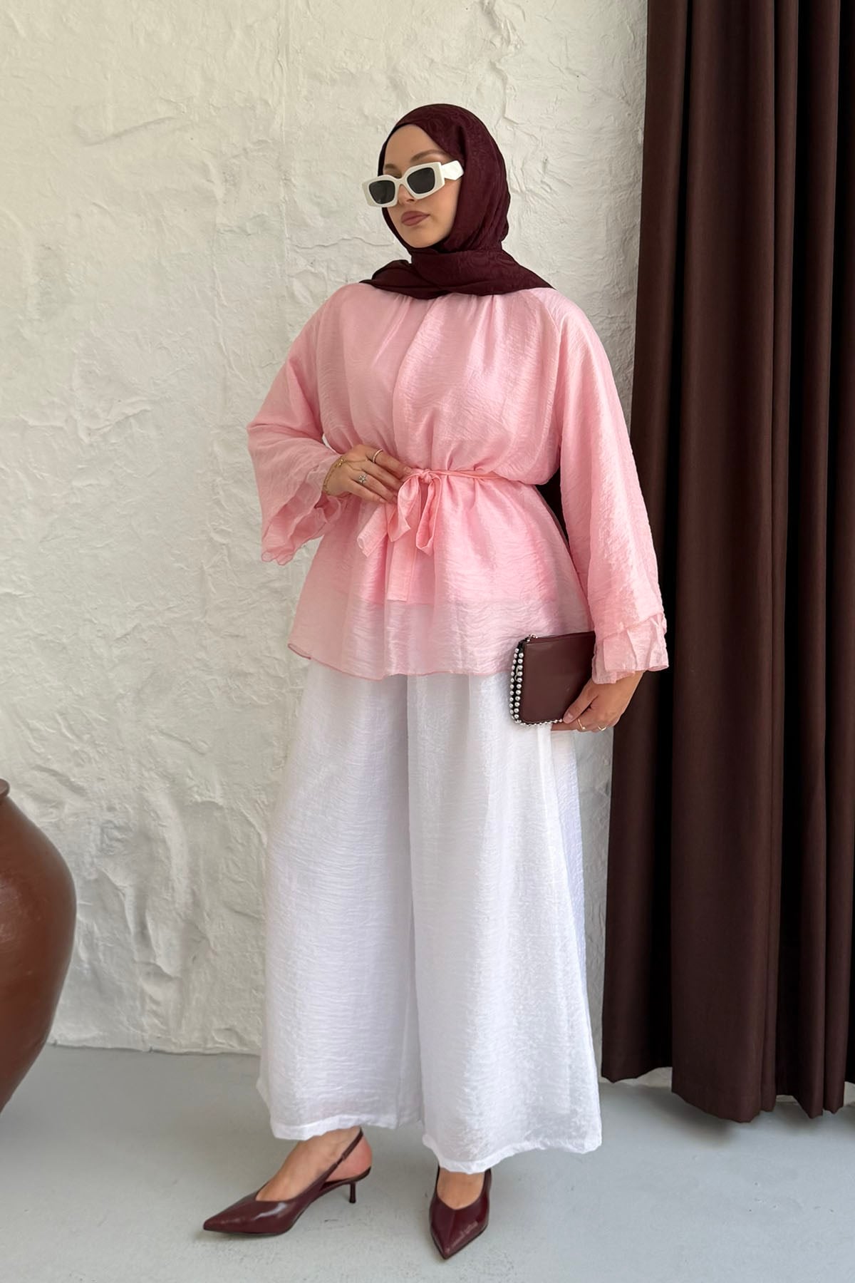 Kolları Salaş Seyyar Kuşaklı Modal Tül Gömlek-PEMBE