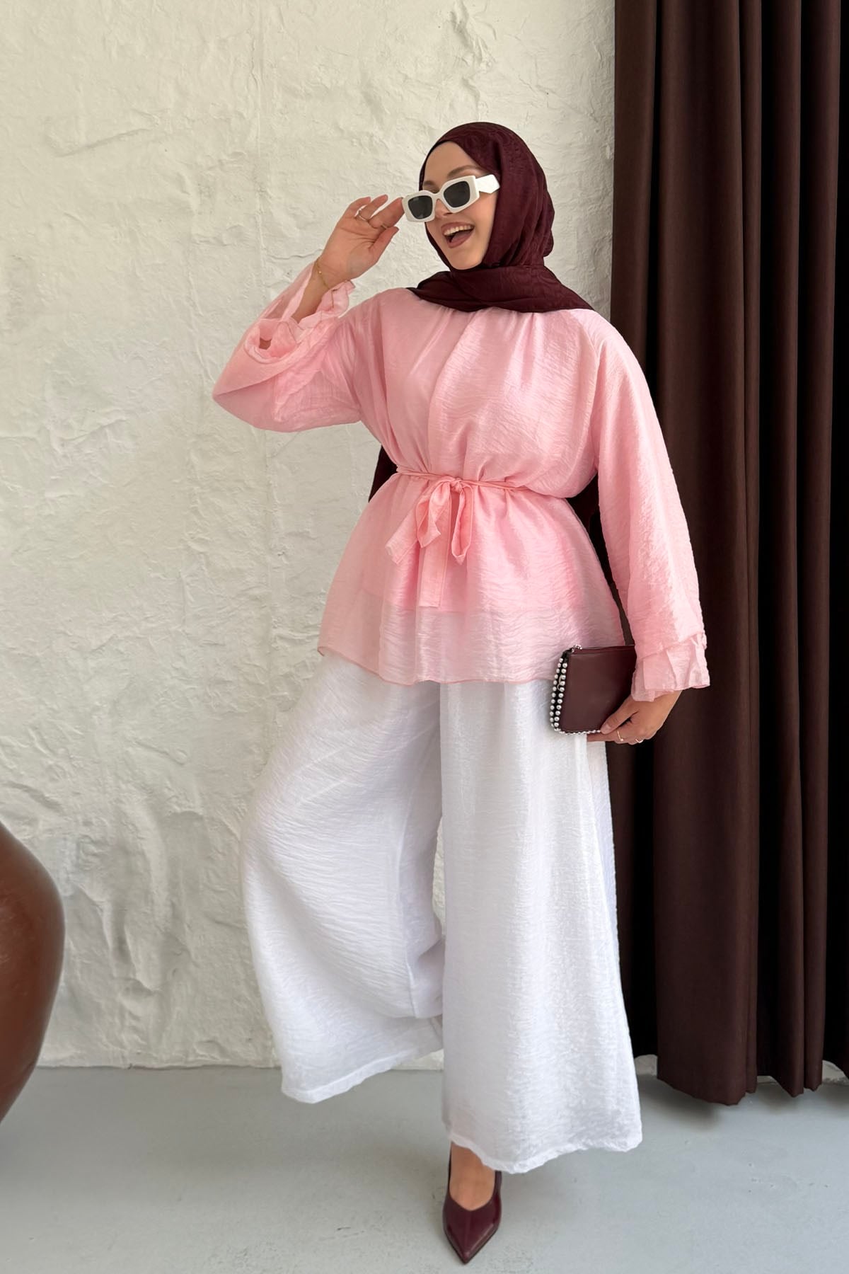 Kolları Salaş Seyyar Kuşaklı Modal Tül Gömlek-PEMBE