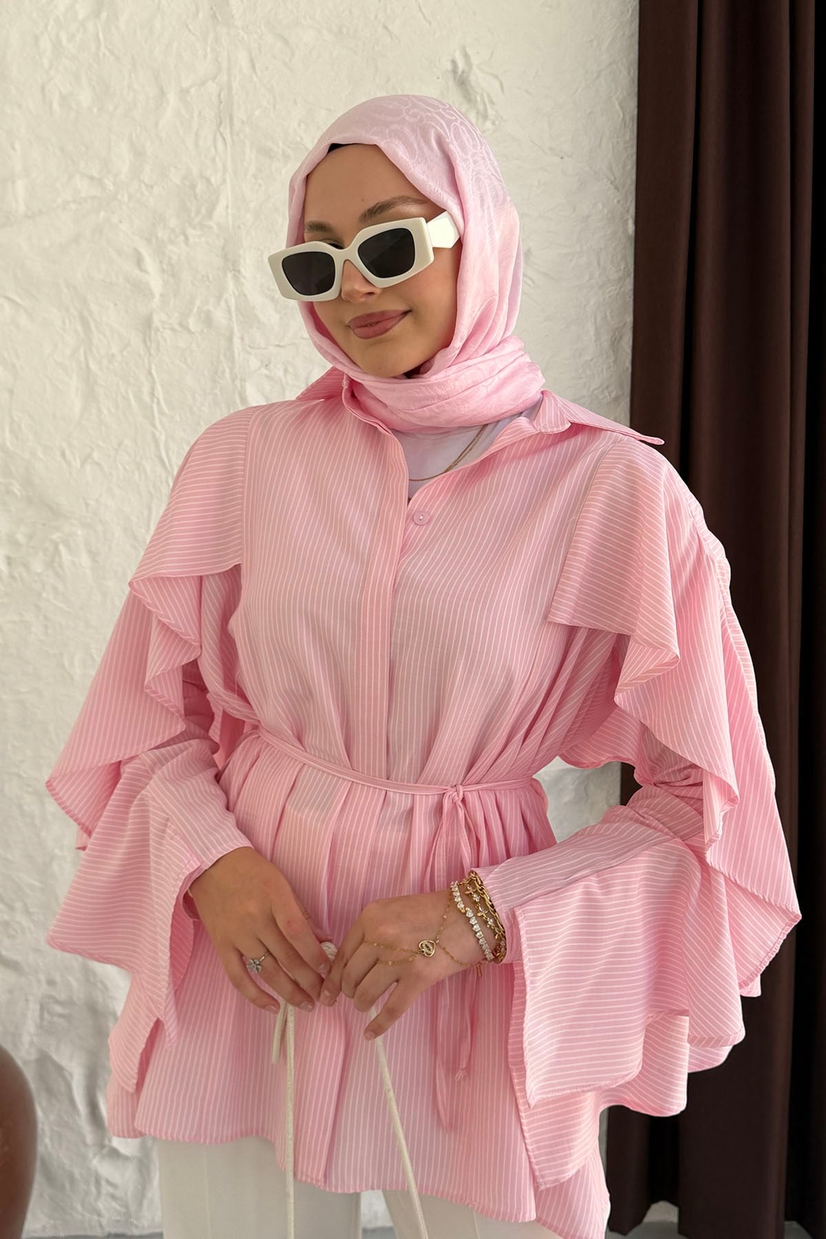 Kolu Volan Detaylı Çizgili Gömlek-PEMBE