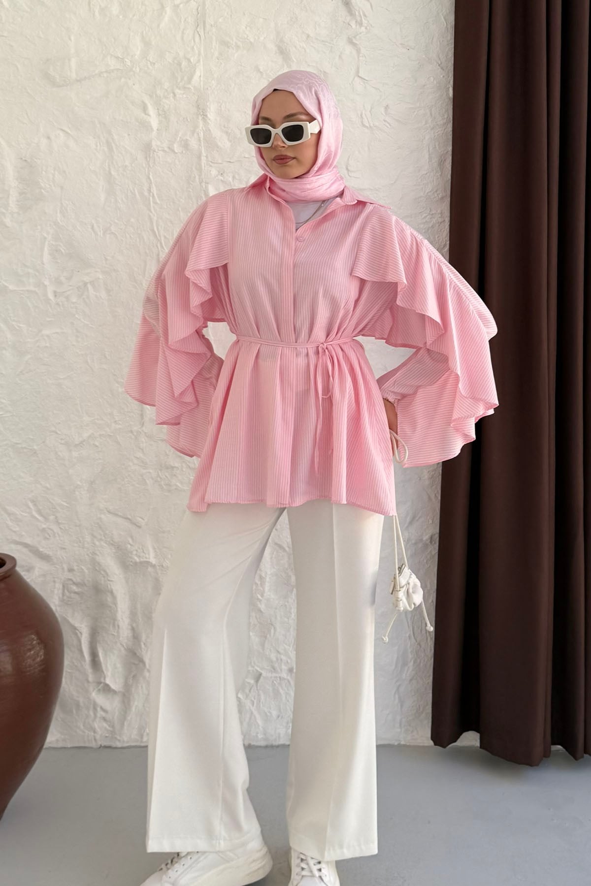 Kolu Volan Detaylı Çizgili Gömlek-PEMBE