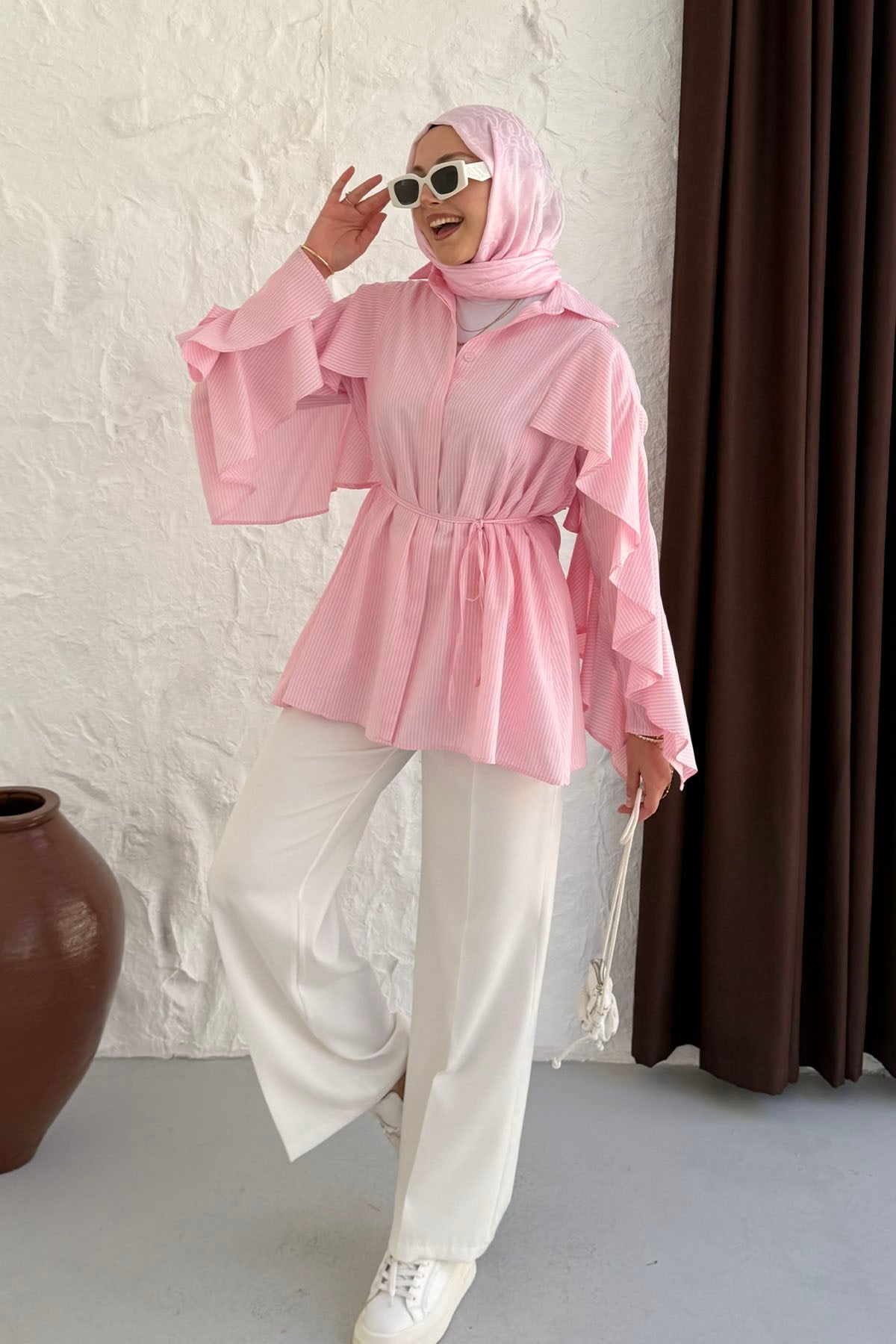 Kolu Volan Detaylı Çizgili Gömlek-PEMBE