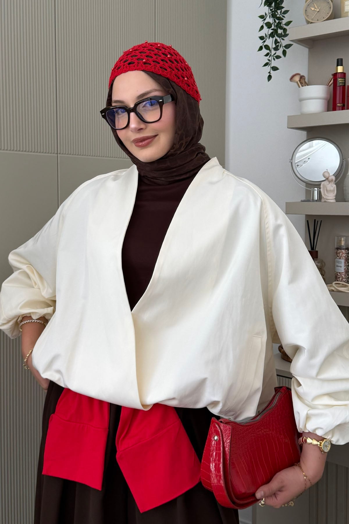 Kruvaze Balon Kesim Kısa Bomber Trençkot-EKRU