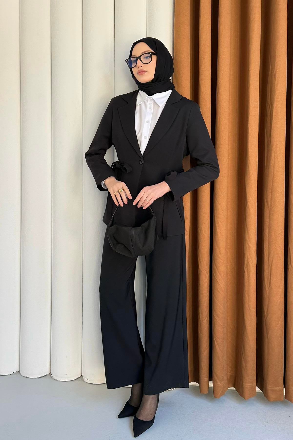 Kruvaze Yaka 2 Yan Bağcıklı Tek Düğme Ceket-SİYAH