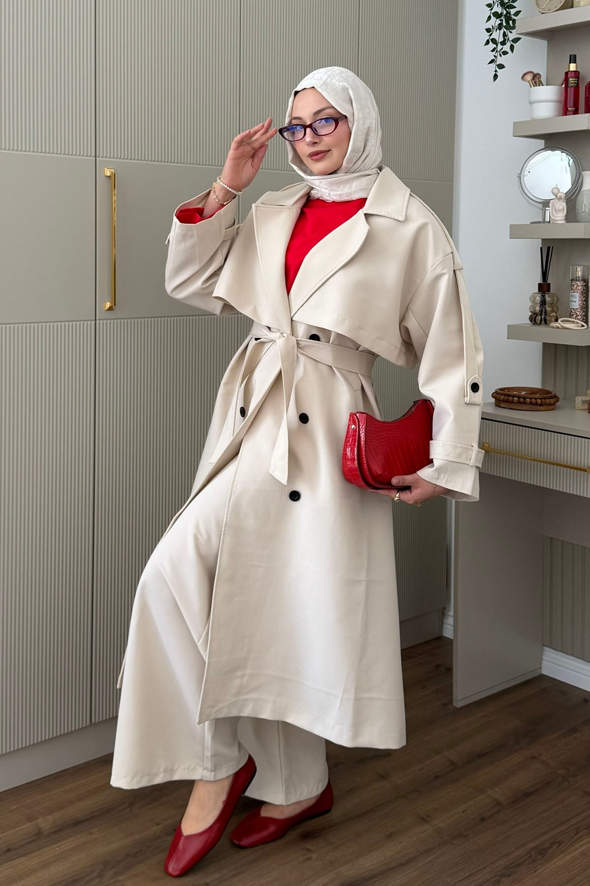 Kruvaze Yaka Kuşak Detaylı Oversize Trençkot-TAŞ