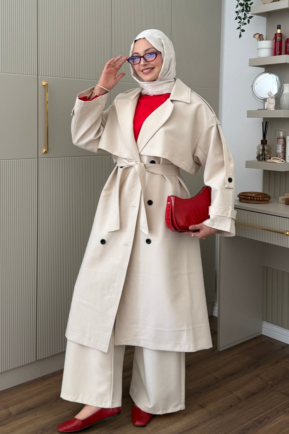 Kruvaze Yaka Kuşak Detaylı Oversize Trençkot-TAŞ
