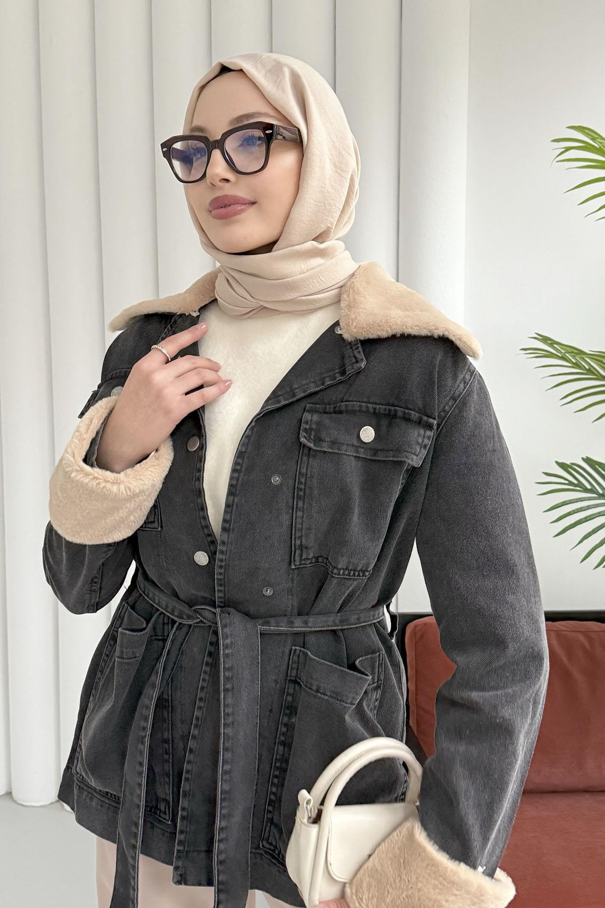 Kürklü Denim Ceket-SİYAH