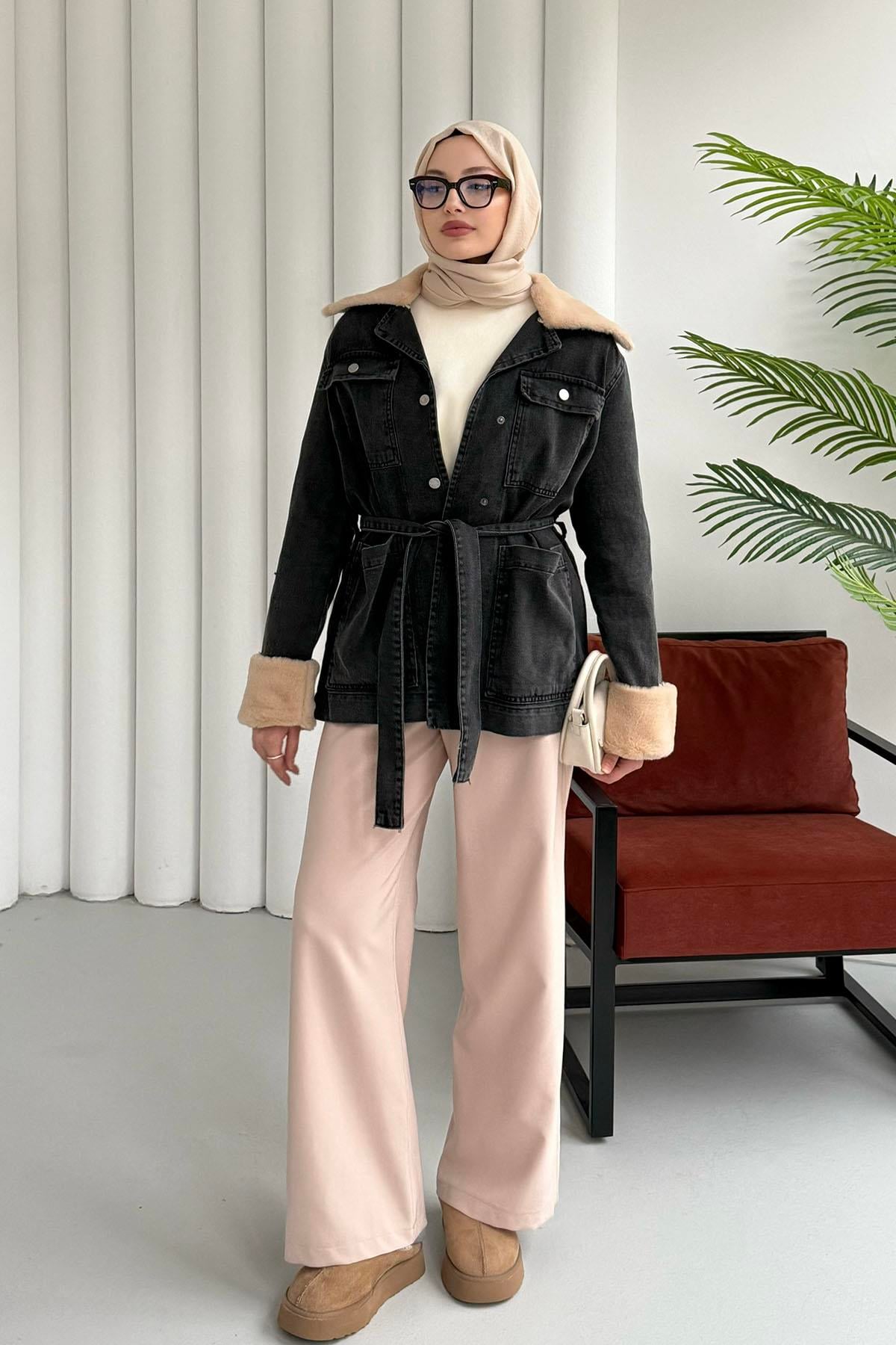 Kürklü Denim Ceket-SİYAH