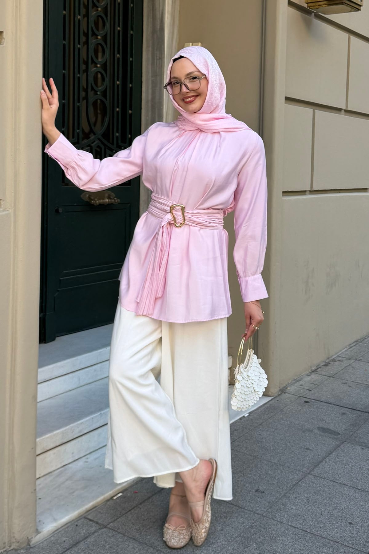Kuşağı Piliseli Tako Detaylı Bluz-PEMBE