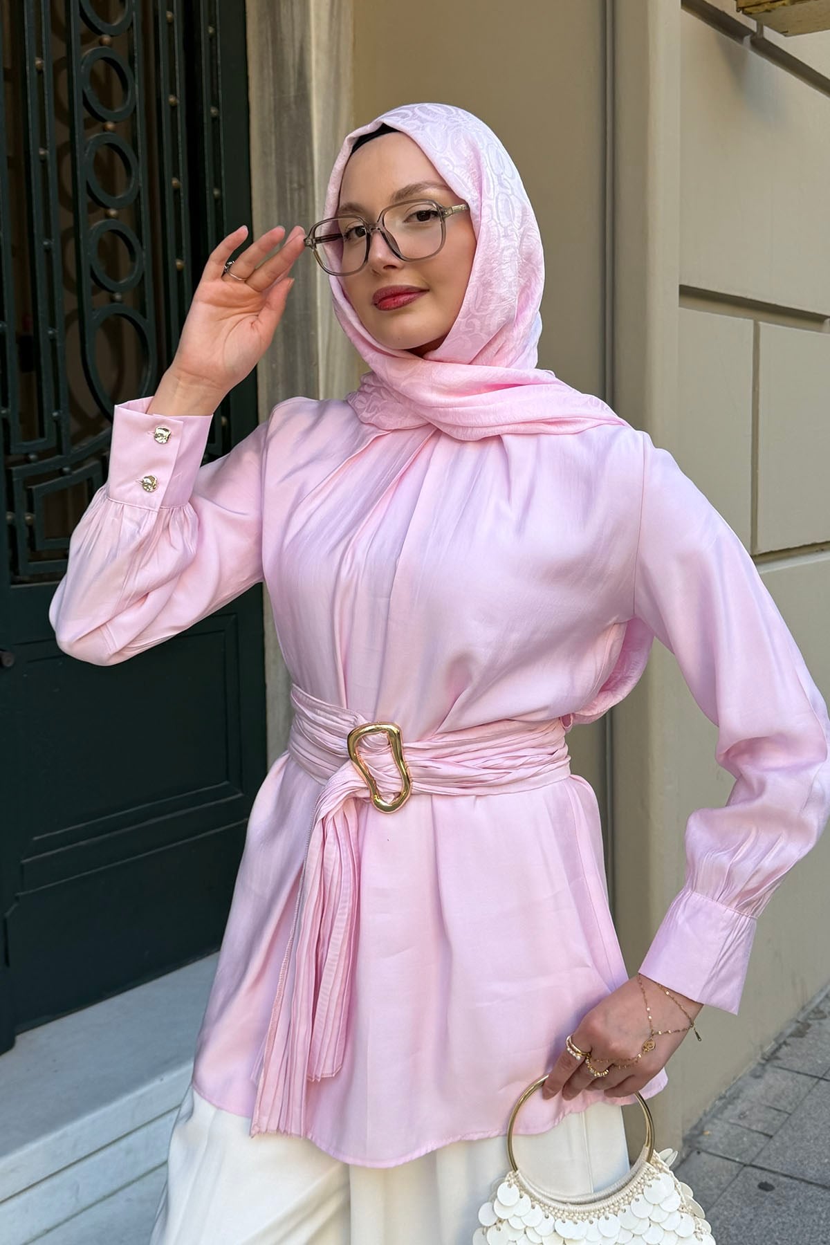 Kuşağı Piliseli Tako Detaylı Bluz-PEMBE