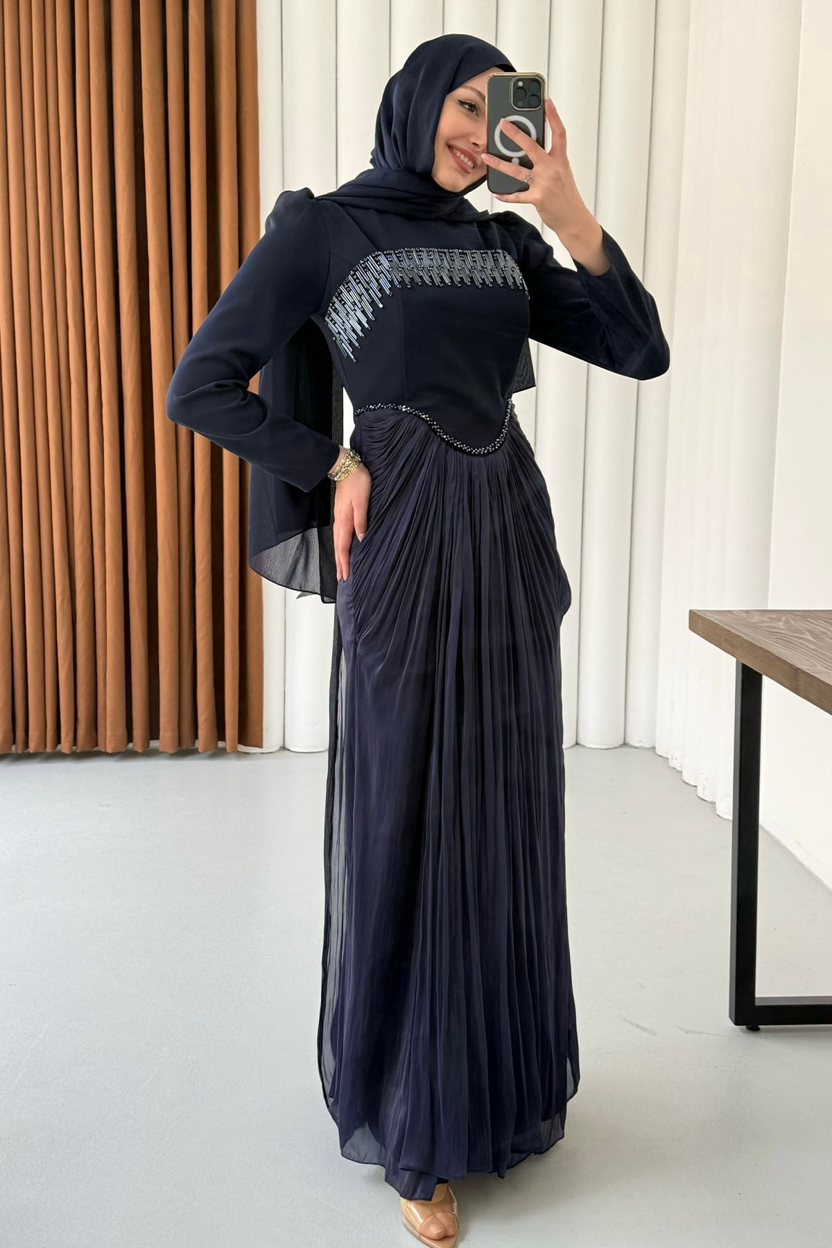 Lavin Premium Korseli Tesettür Abiye Elbise-LACİVERT