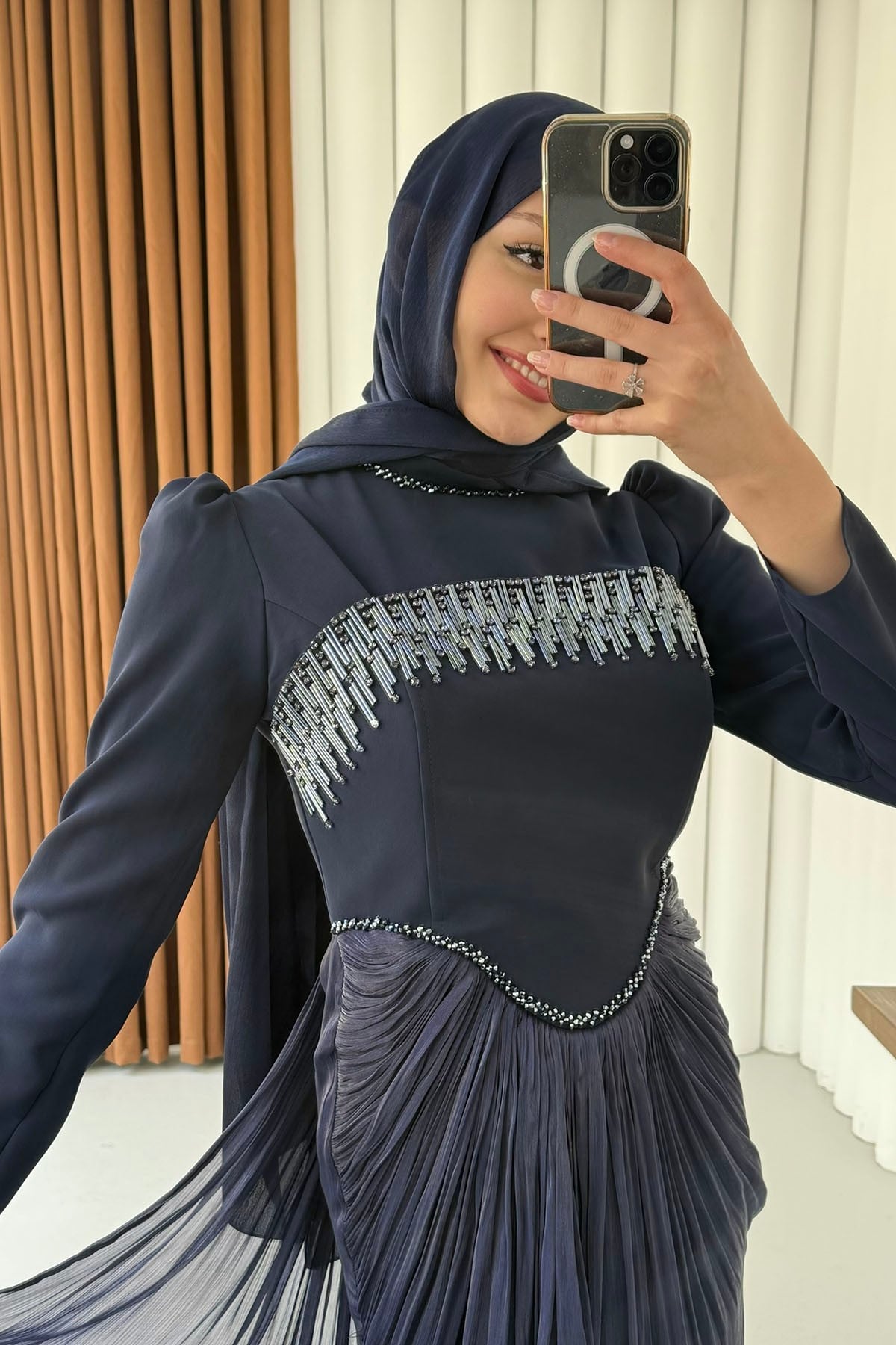 Lavin Premium Korseli Tesettür Abiye Elbise-LACİVERT