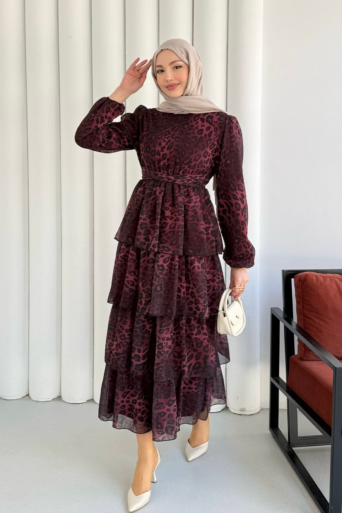 Leopar Volanlı Şifon Tesettür Elbise-BORDO