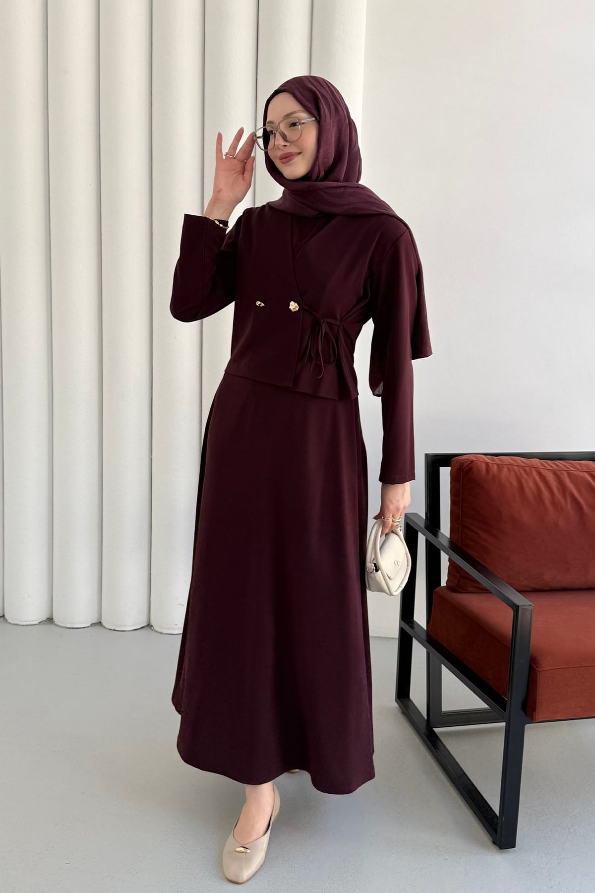 Linda Kumaş Çift Düğmeli Yandan Bağlamalı Jile Takım Elbise-MÜRDÜM