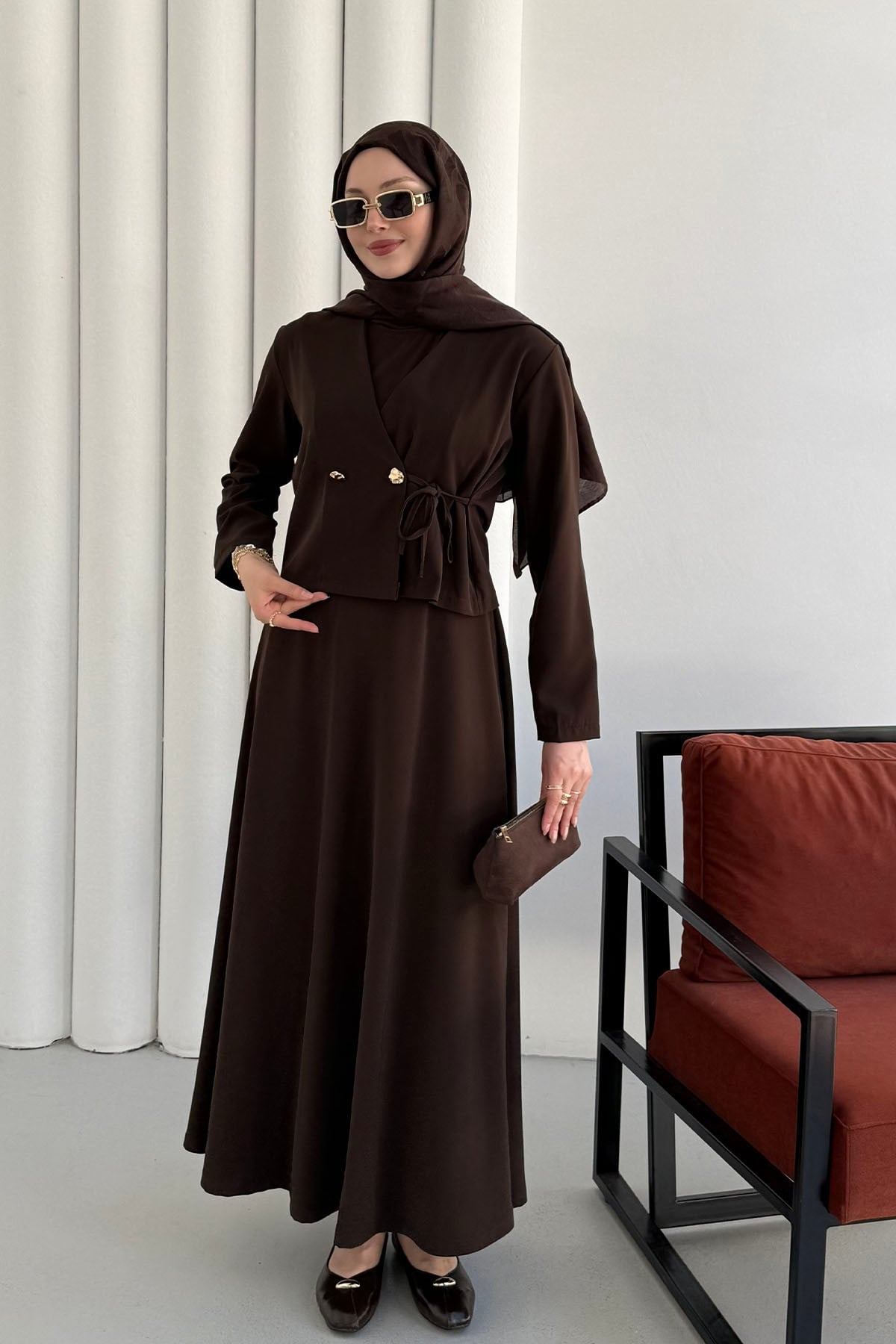 Linda Kumaş Çift Düğmeli Yandan Bağlamalı Jile Takım Elbise-KAHVERENGİ