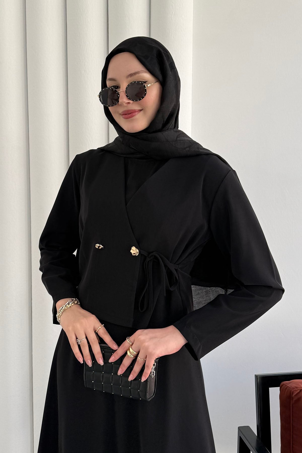 Linda Kumaş Çift Düğmeli Yandan Bağlamalı Jile Takım Elbise-SİYAH