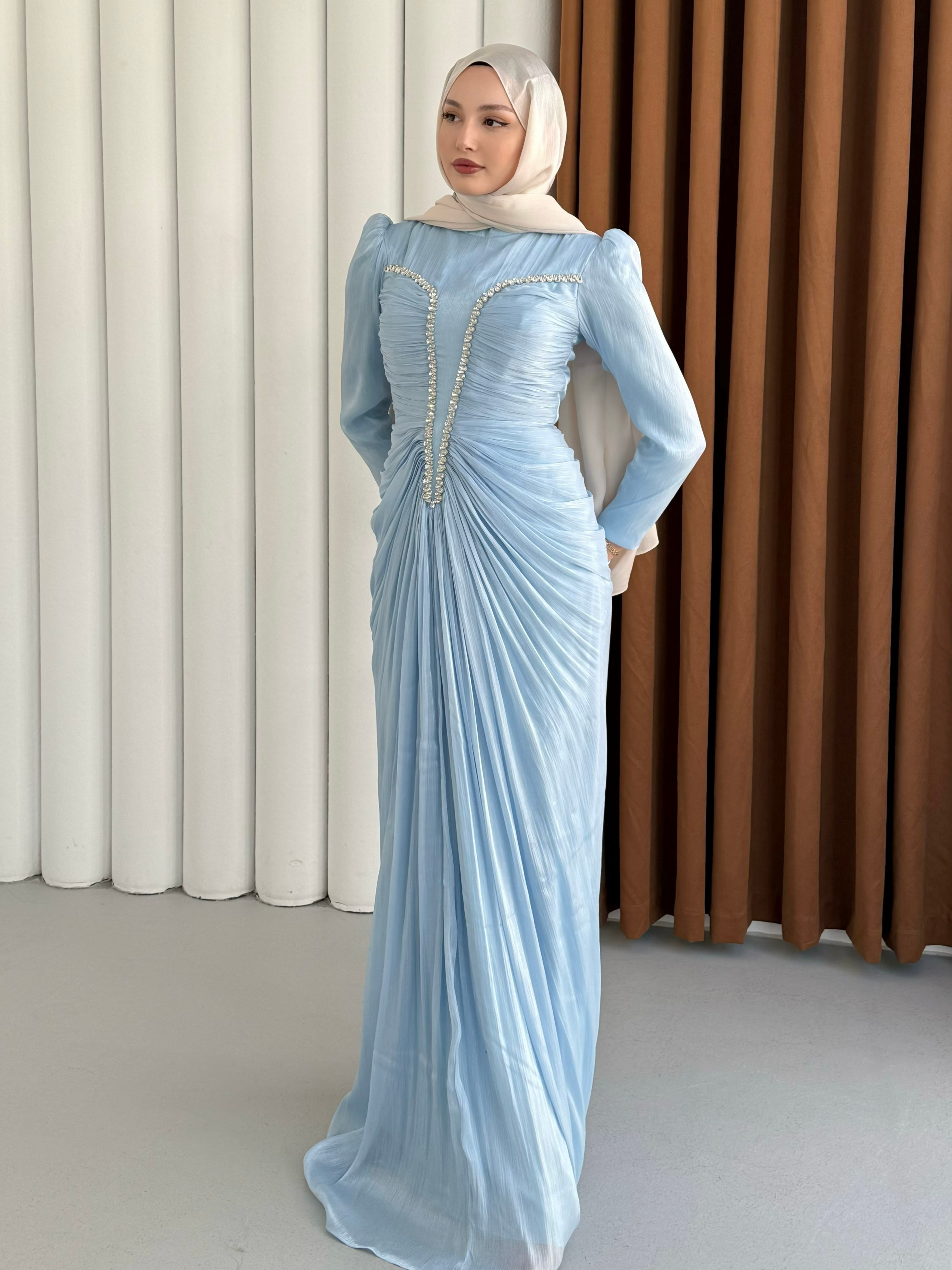 Luxe Ön Taş İşlemeli Tesettür Abiye-BEBE MAVİ