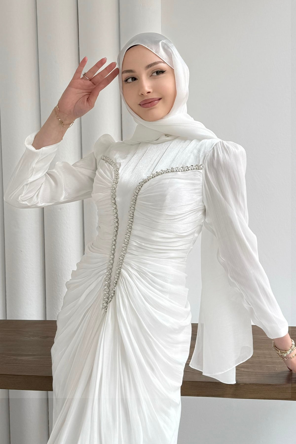 Luxe Ön Taş İşlemeli Tesettür Abiye-BEYAZ
