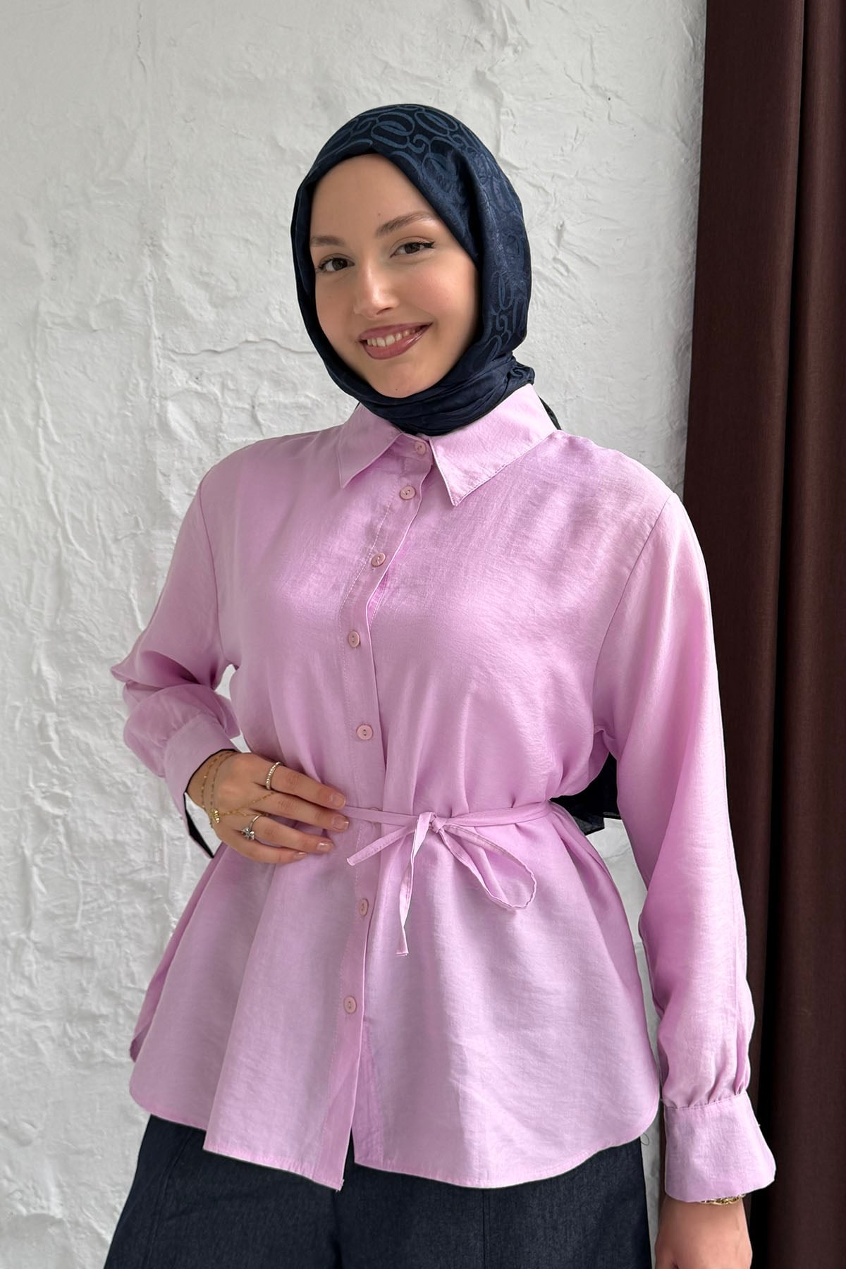 Manşet Detaylı Balon Paça Denim Pantolonlu Tesettür Takım-PEMBE