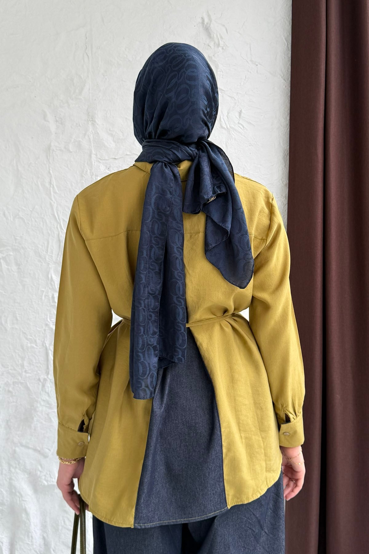 Manşet Detaylı Balon Paça Denim Pantolonlu Tesettür Takım-YAĞ YEŞİLİ