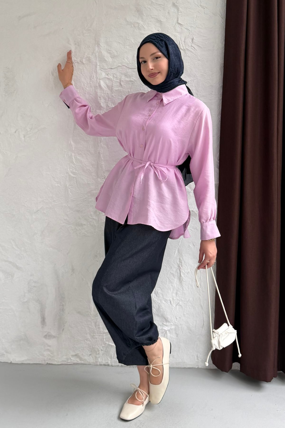 Manşet Detaylı Balon Paça Denim Pantolonlu Tesettür Takım-PEMBE