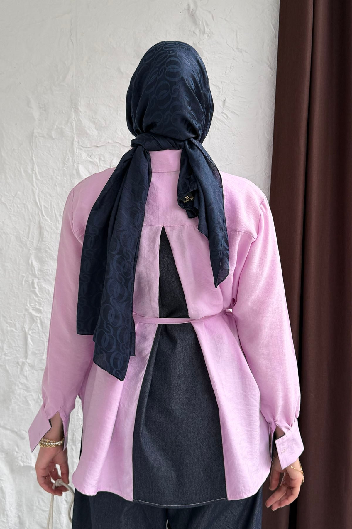 Manşet Detaylı Balon Paça Denim Pantolonlu Tesettür Takım-PEMBE