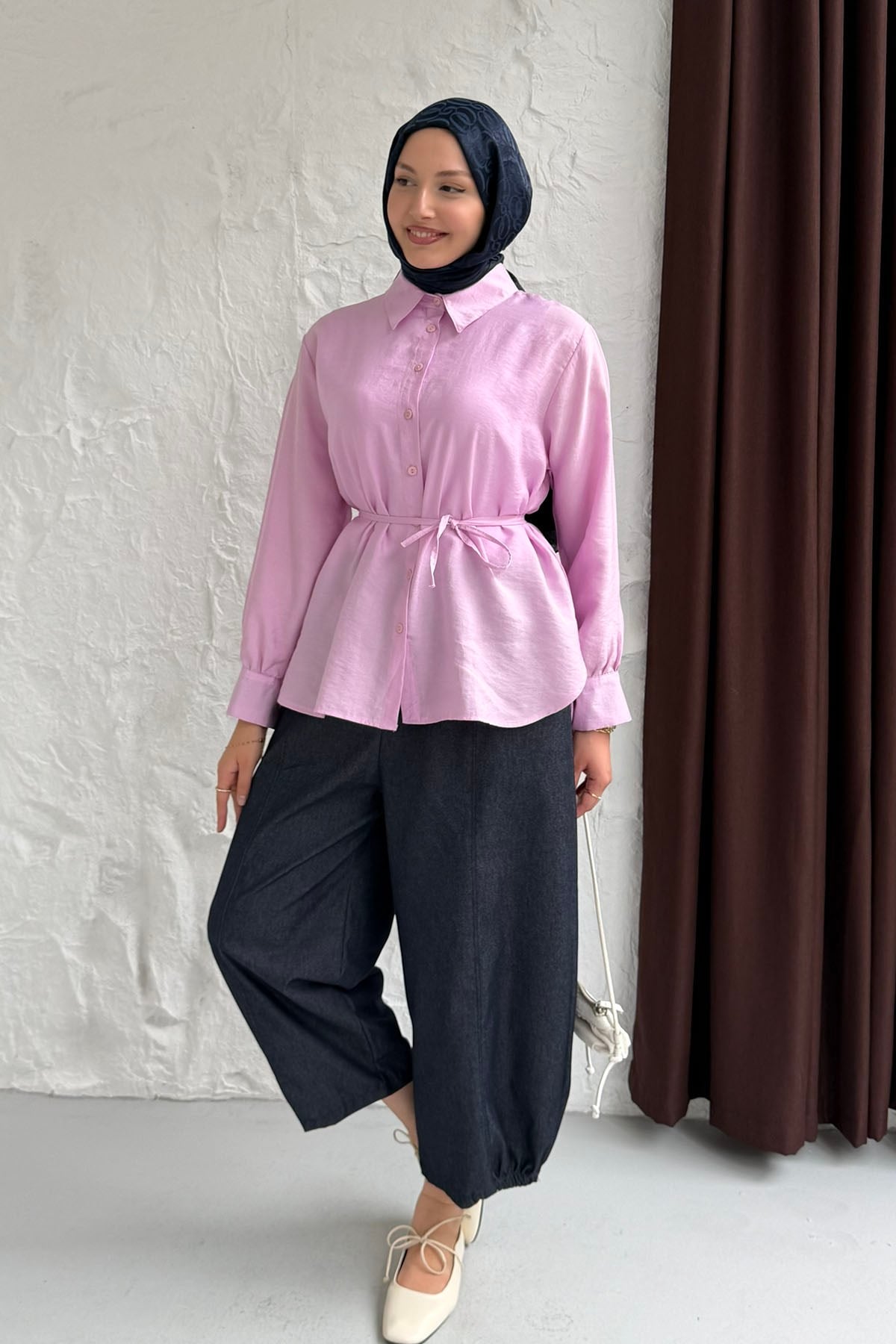 Manşet Detaylı Balon Paça Denim Pantolonlu Tesettür Takım-PEMBE
