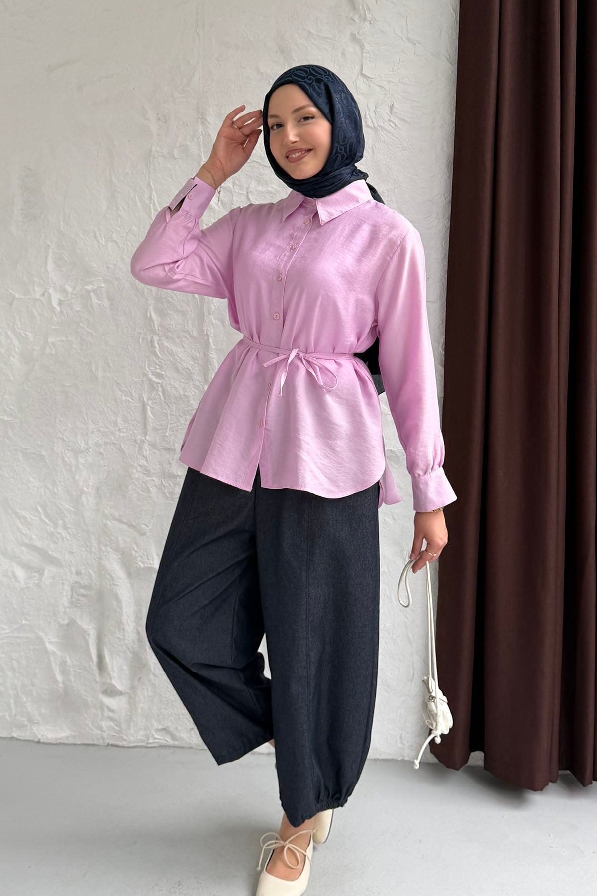 Manşet Detaylı Balon Paça Denim Pantolonlu Tesettür Takım-PEMBE